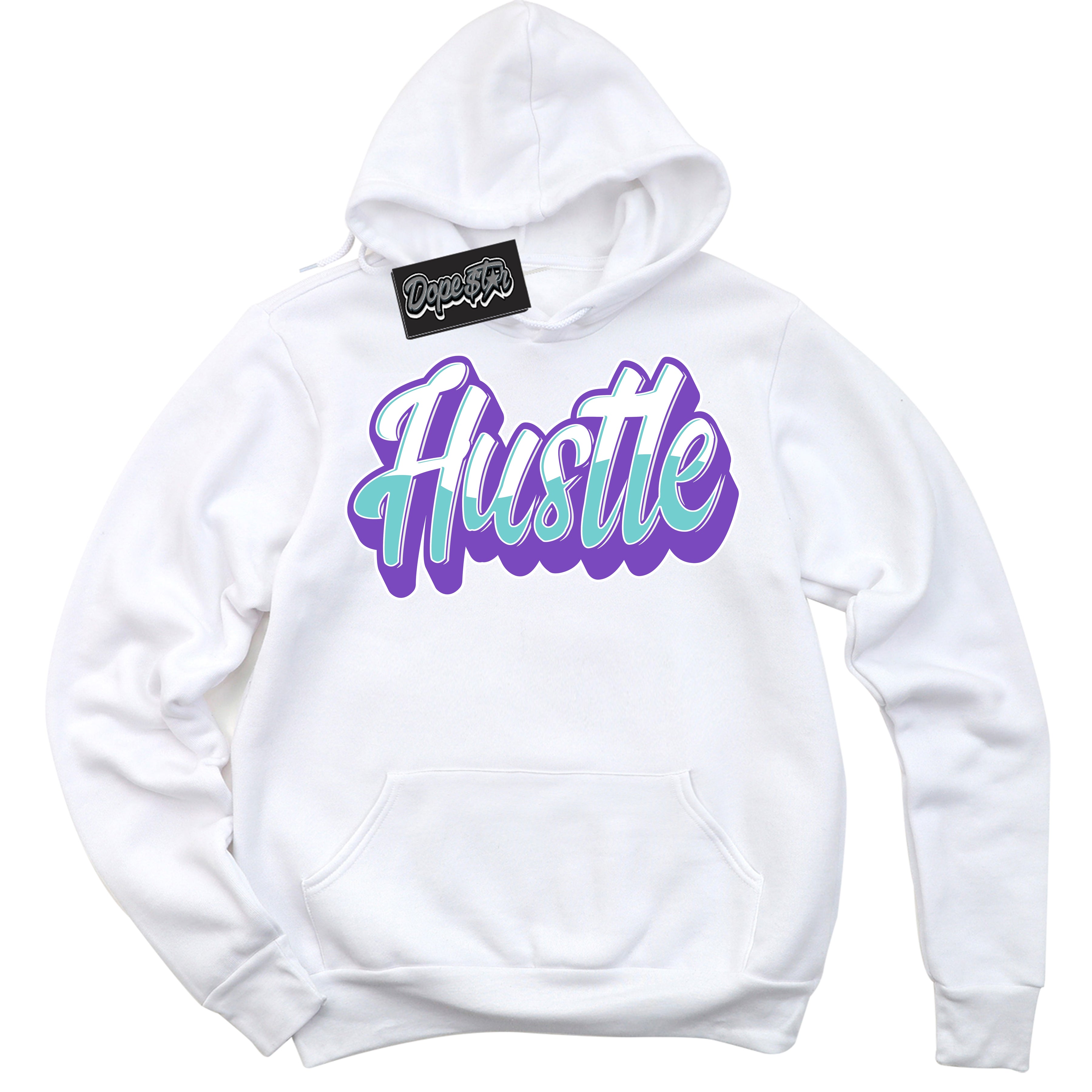 Cool White Hoodie with “Hustle” design that Perfectly Matches Psychic Purple Hyper Jade 1s Jordans.