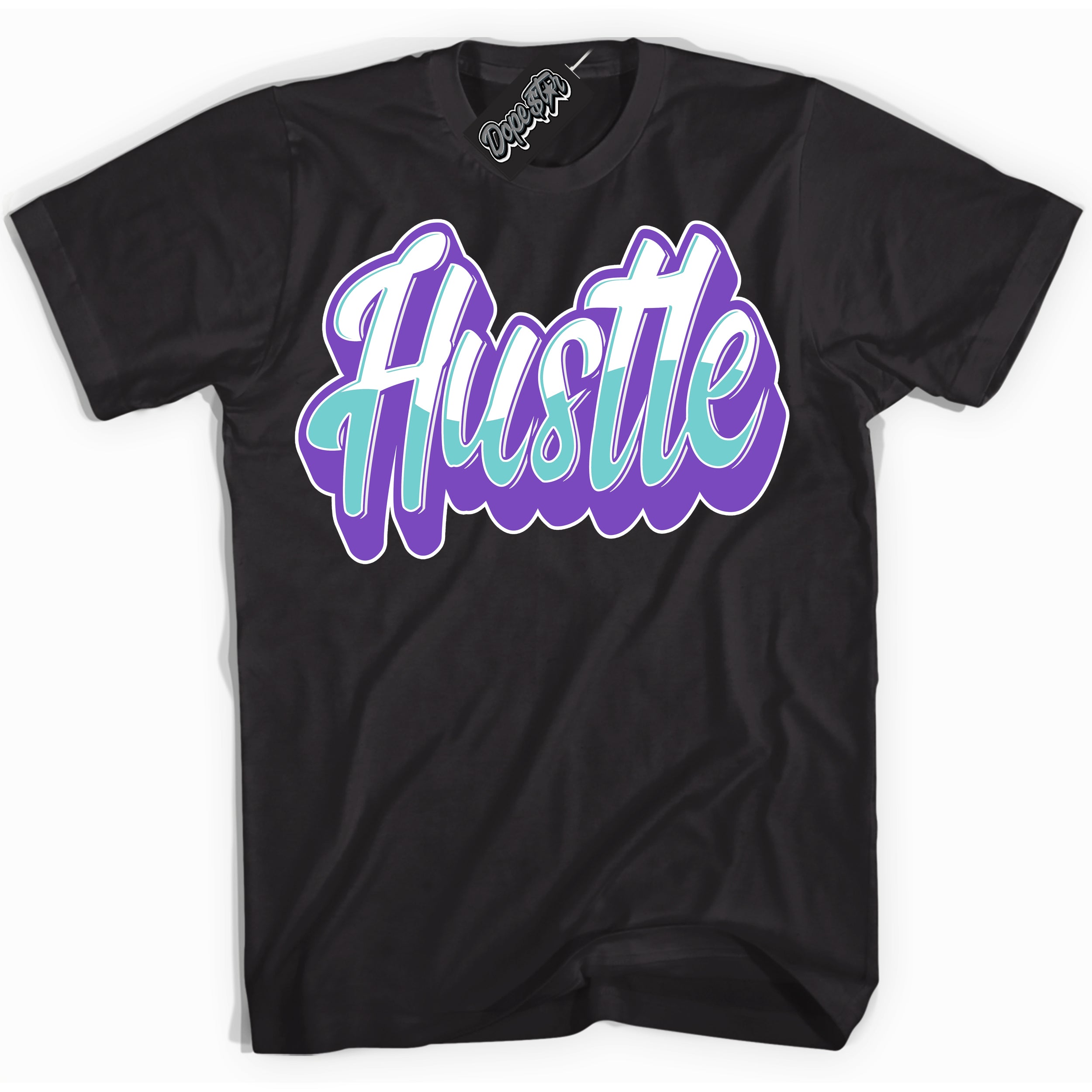 Cool Black Shirt with “Hustle” design that perfectly matches the Psychic Purple Hyper Jade 1s Jordans.