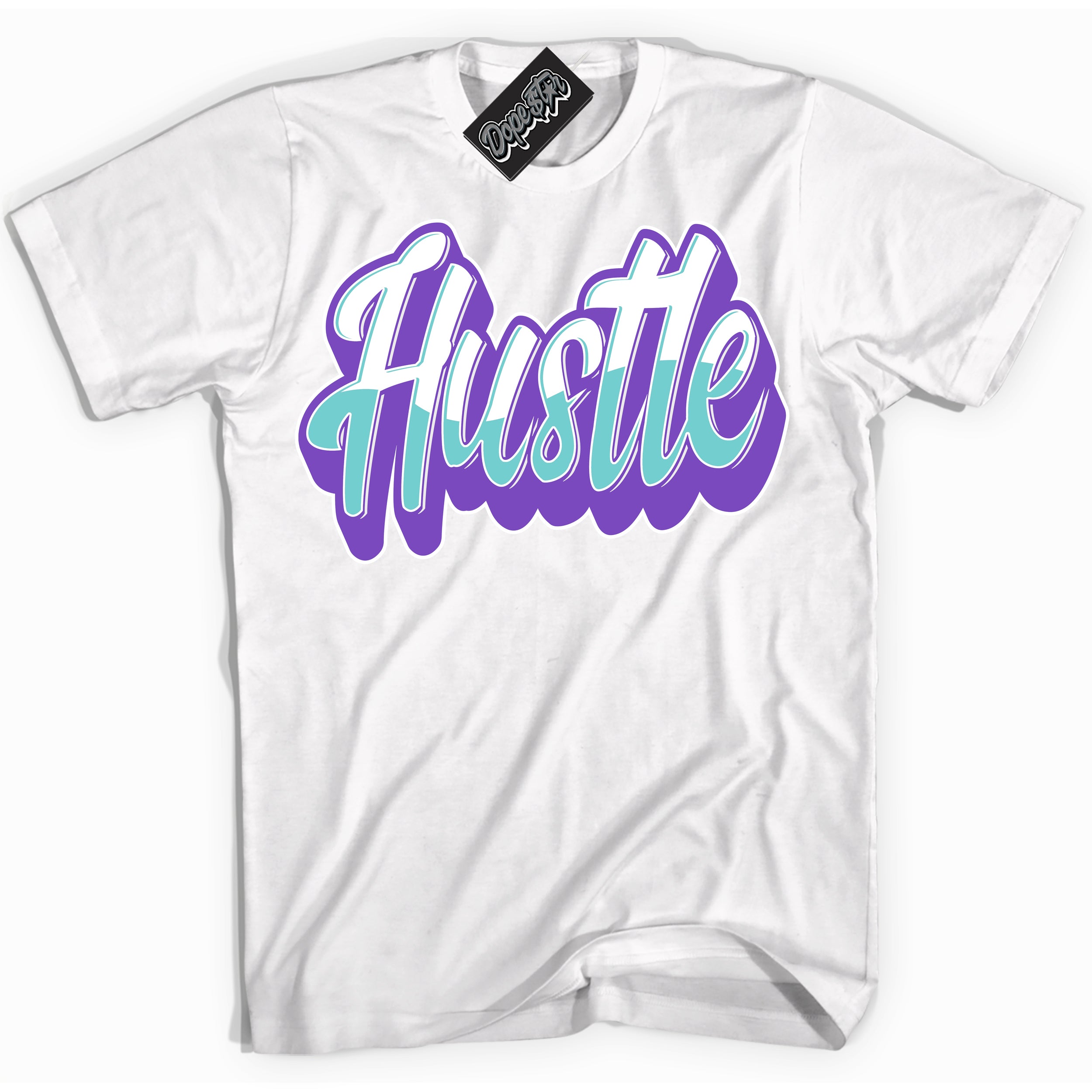 Cool White Shirt with “Hustle” design that perfectly matches the Psychic Purple Hyper Jade 1s Jordans.