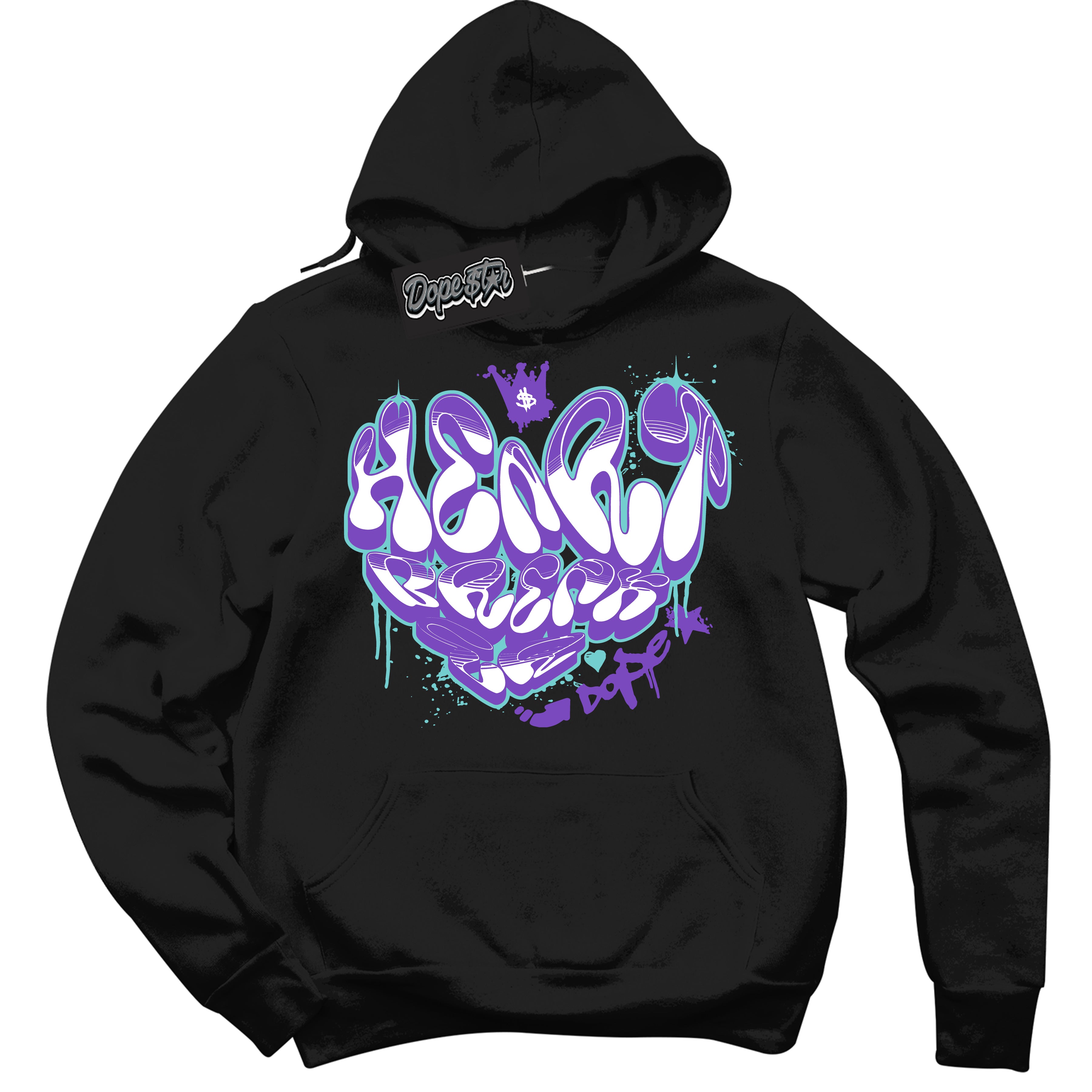 Cool Black Hoodie with “Heartbreaker Graffiti” design that Perfectly Matches Psychic Purple Hyper Jade 1s Jordans.