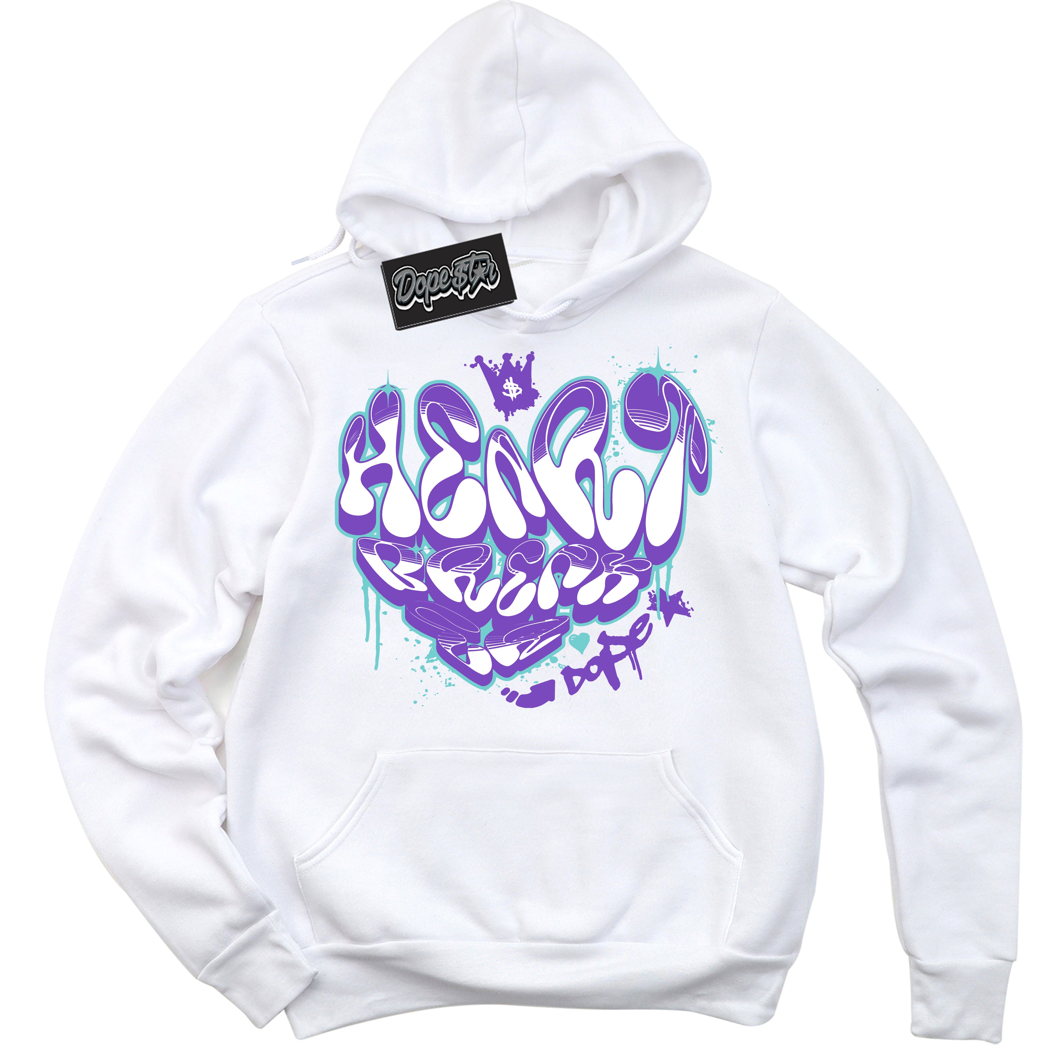 Cool White Hoodie with “Heartbreaker Graffiti” design that Perfectly Matches Psychic Purple Hyper Jade 1s Jordans.