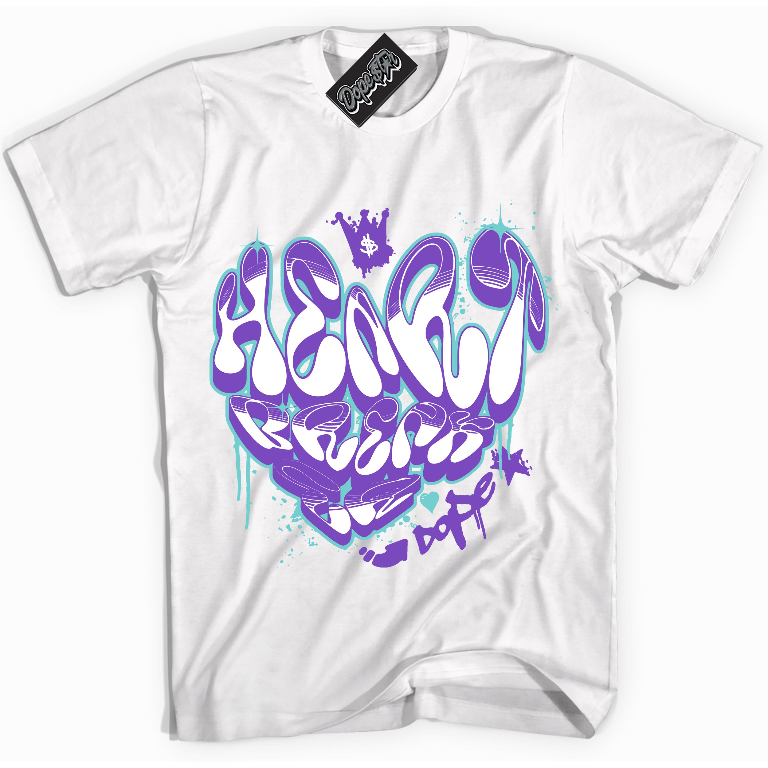 Cool White Shirt with “Heartbreaker Graffiti” design that perfectly matches the Psychic Purple Hyper Jade 1s Jordans.