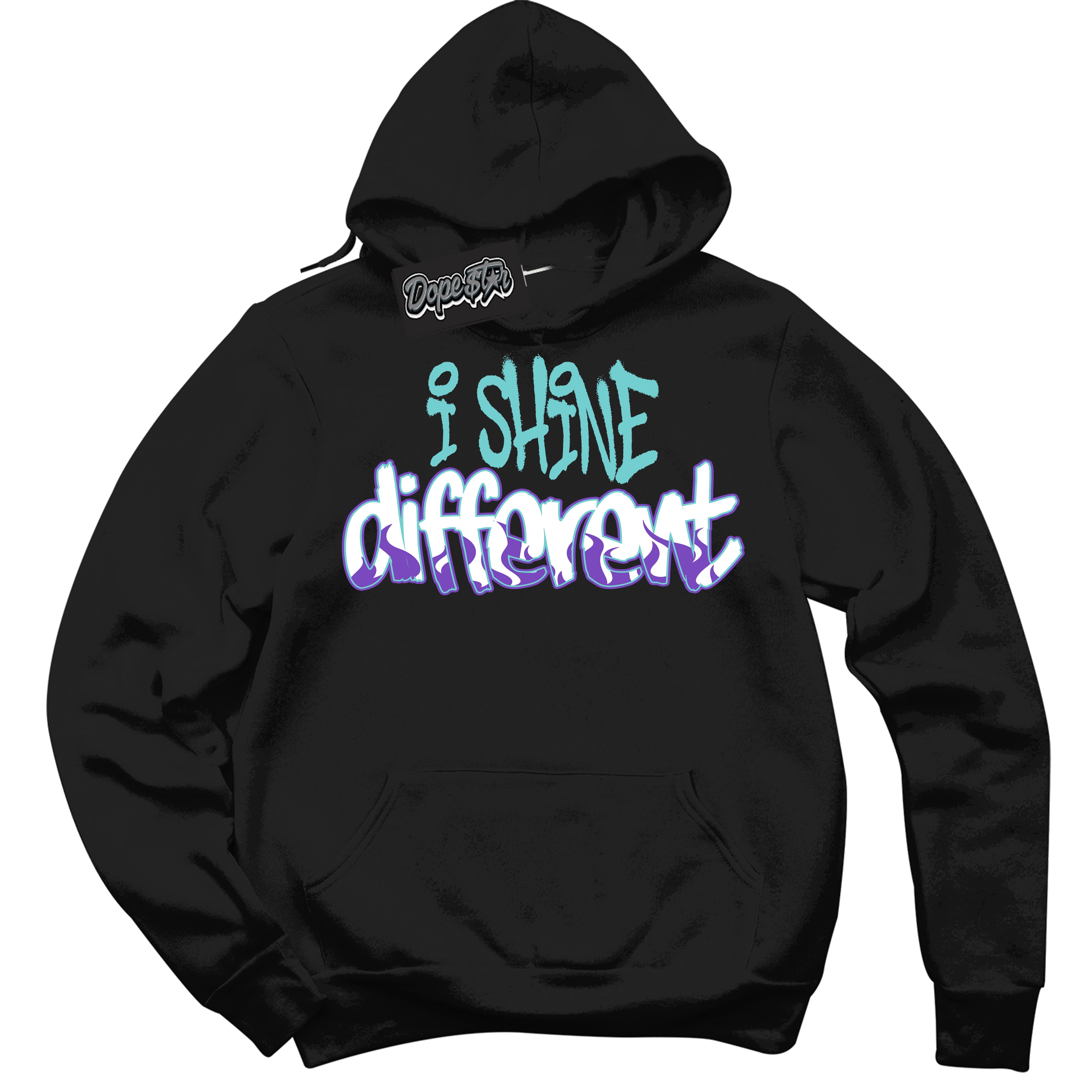 Cool Black Hoodie with “I Shine Different” design that Perfectly Matches Psychic Purple Hyper Jade 1s Jordans.