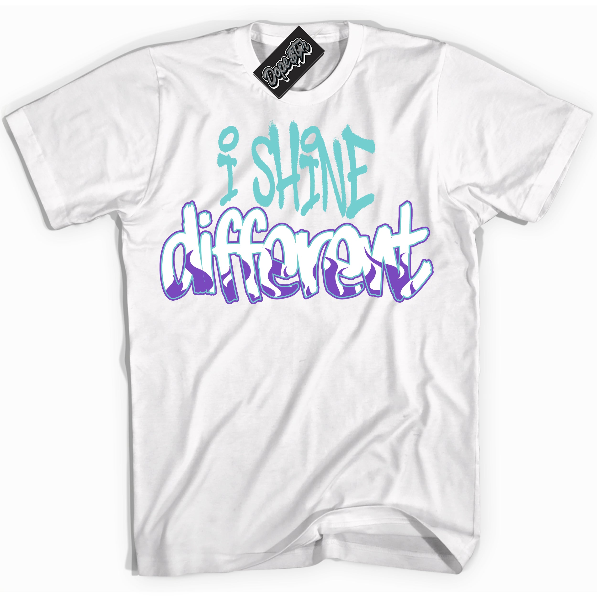 Cool White Shirt with “I Shine Different” design that perfectly matches the Psychic Purple Hyper Jade 1s Jordans.