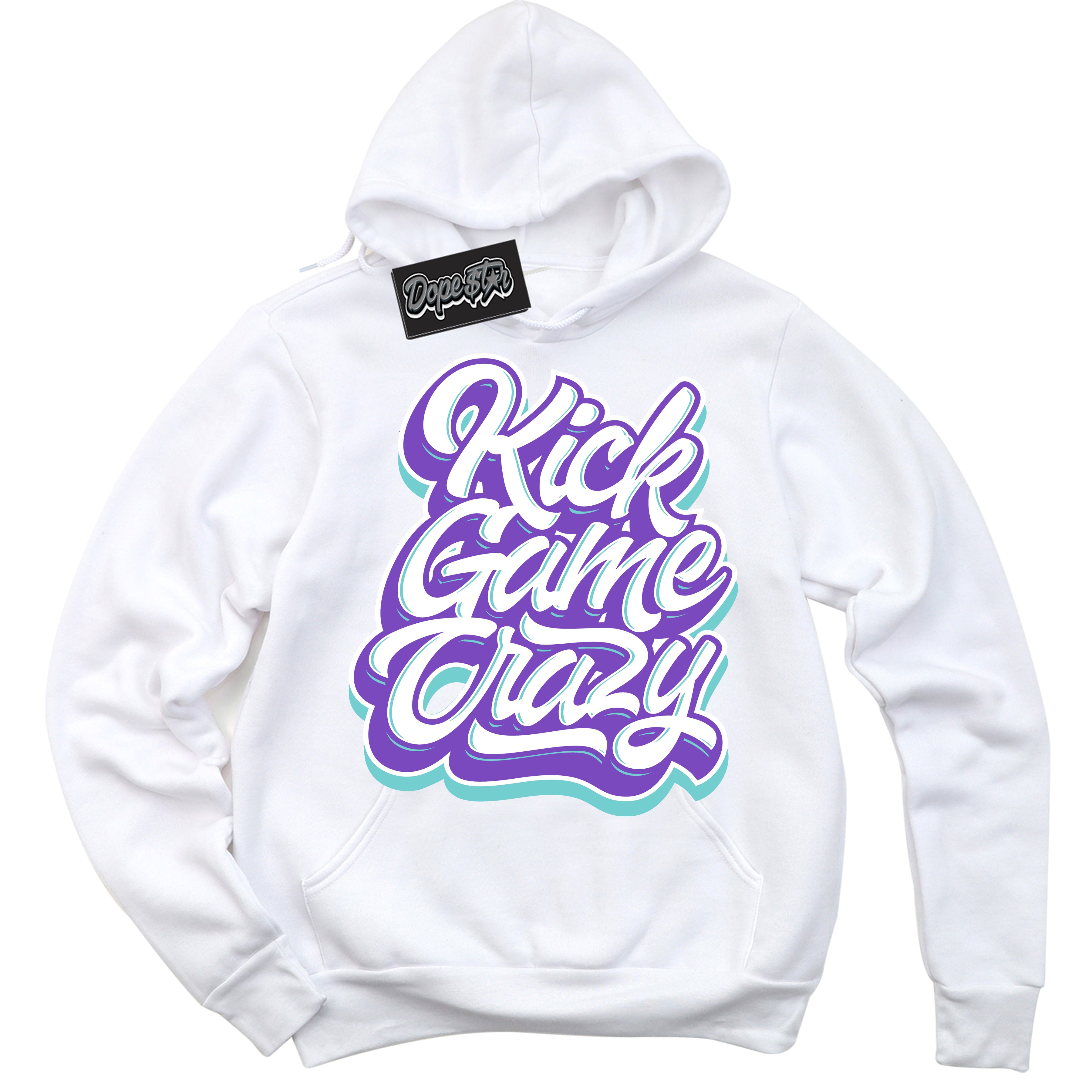 Cool White Hoodie with “Kick Game Crazy” design that Perfectly Matches Psychic Purple Hyper Jade 1s Jordans.