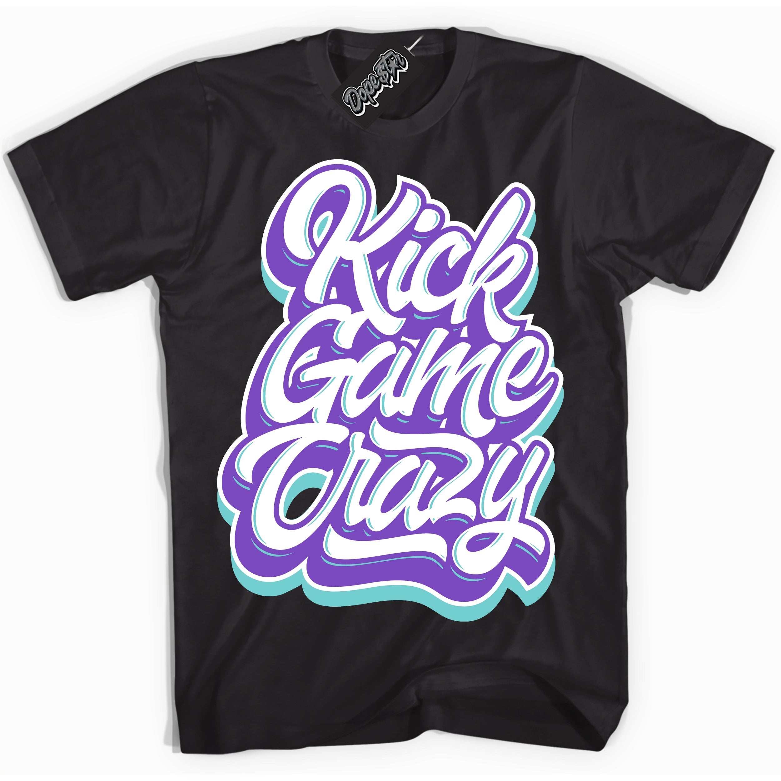 Cool Black Shirt with “Kick Game Crazy” design that perfectly matches the Psychic Purple Hyper Jade 1s Jordans.