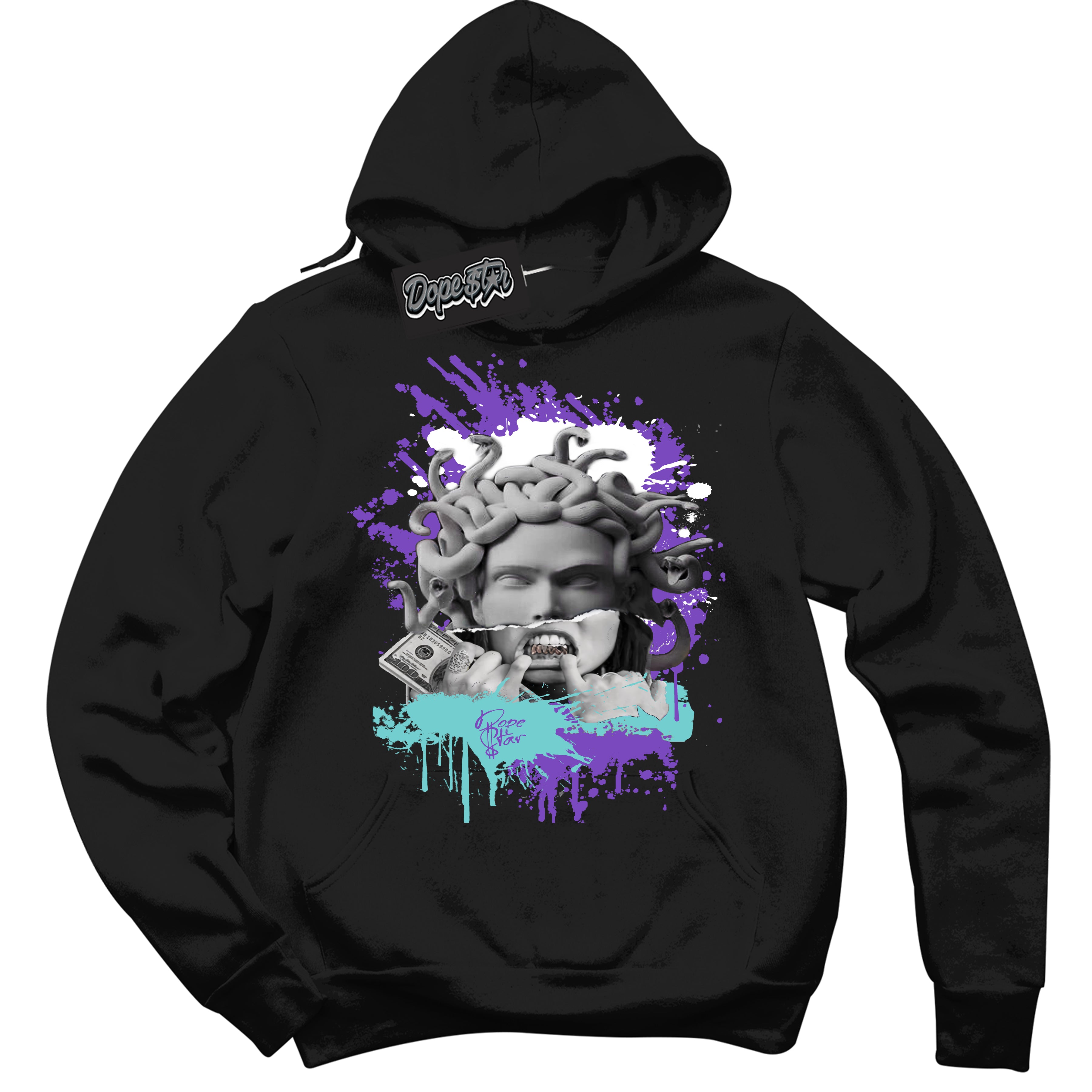 Cool Black Hoodie with “Medusa” design that Perfectly Matches Psychic Purple Hyper Jade 1s Jordans.