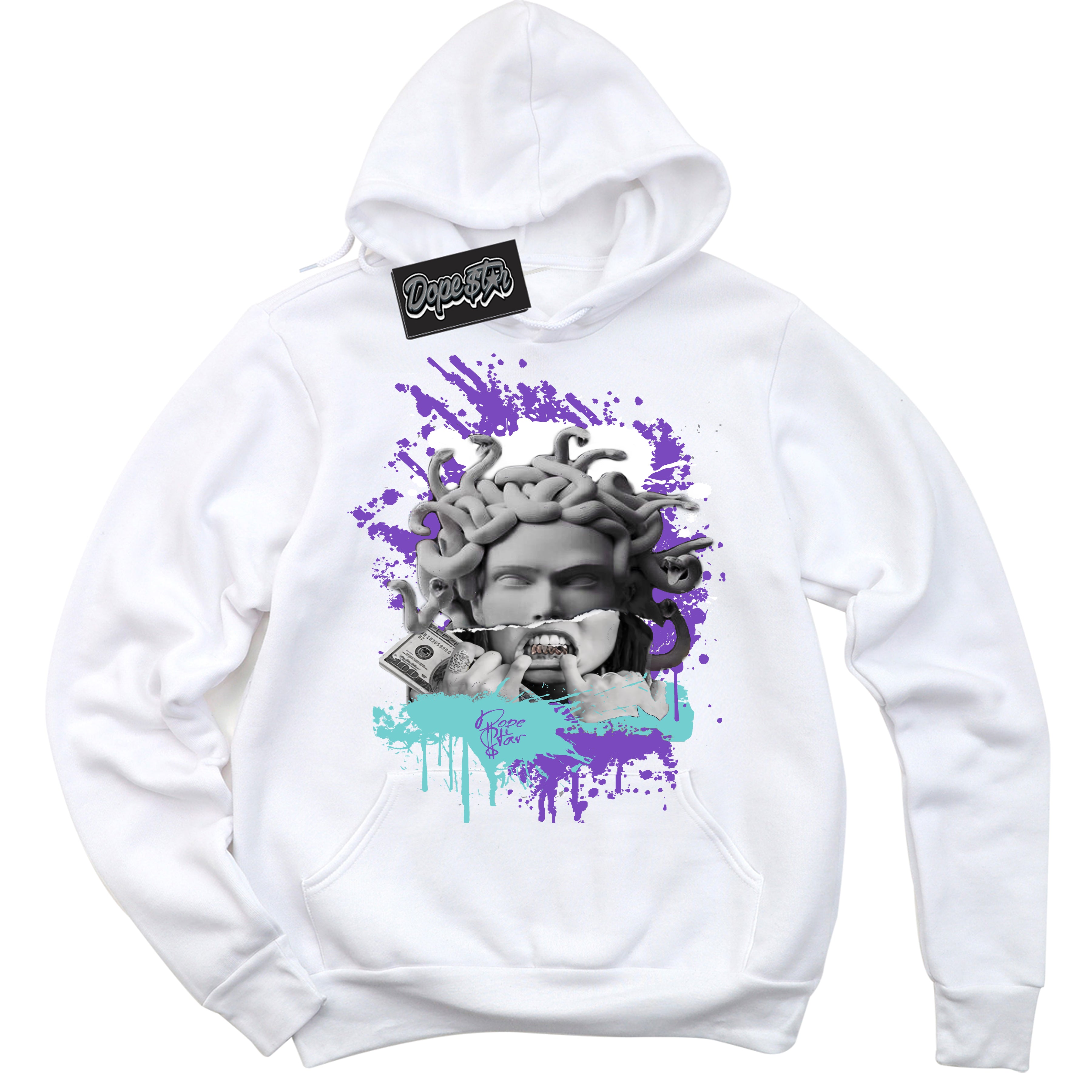 Cool White Hoodie with “Medusa” design that Perfectly Matches Psychic Purple Hyper Jade 1s Jordans.