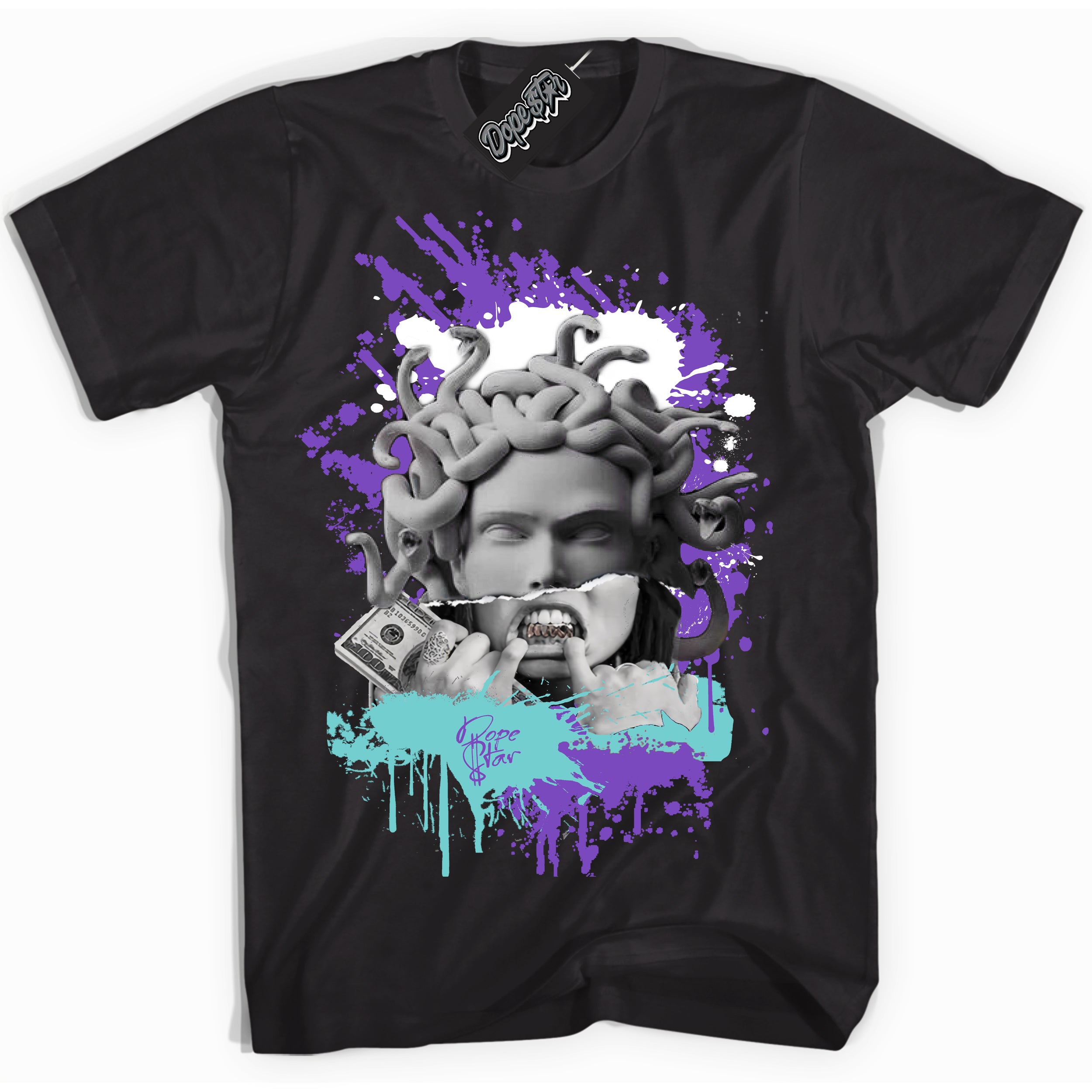 Cool Black Shirt with “Medusa” design that perfectly matches the Psychic Purple Hyper Jade 1s Jordans.