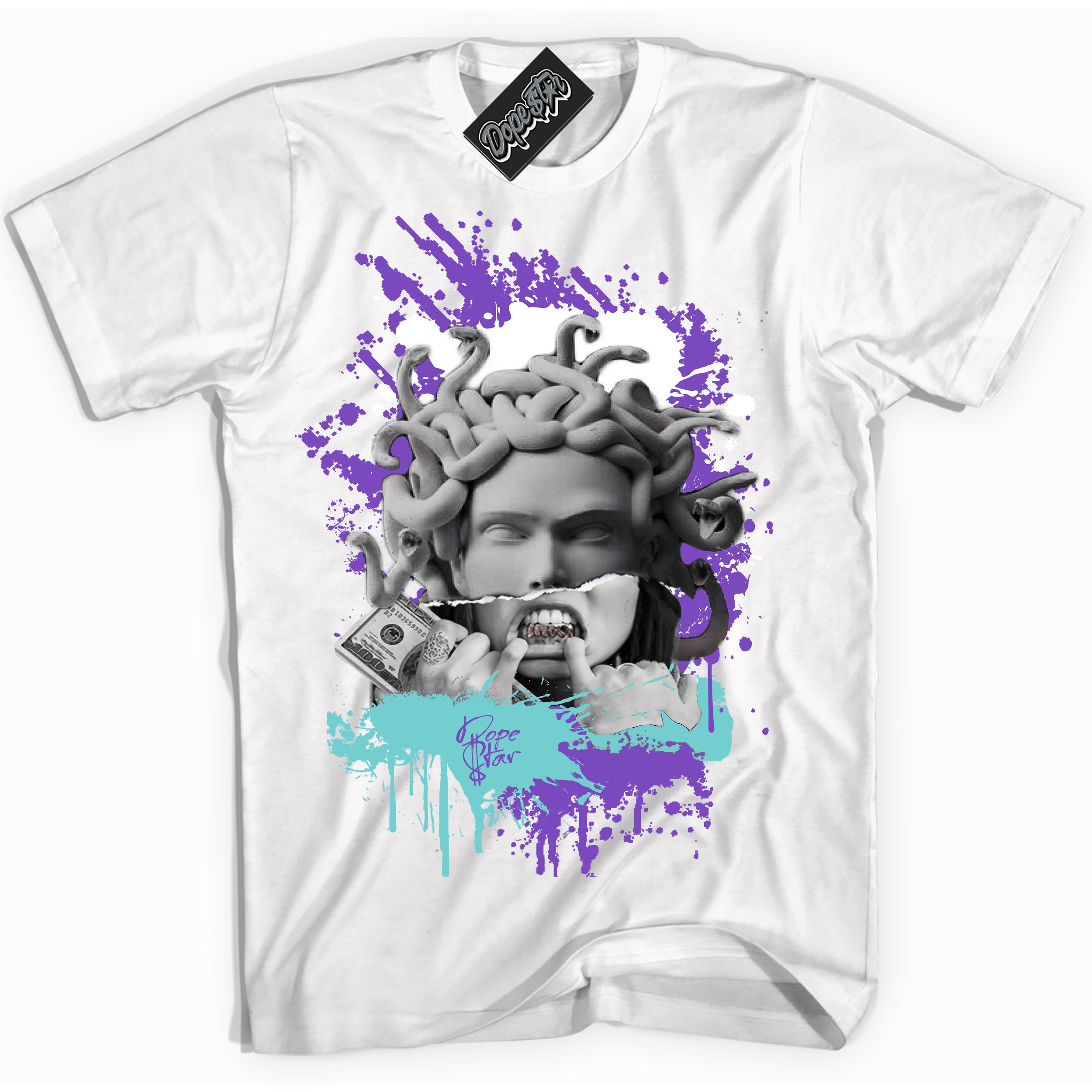 Cool White Shirt with “Medusa” design that perfectly matches the Psychic Purple Hyper Jade 1s Jordans.