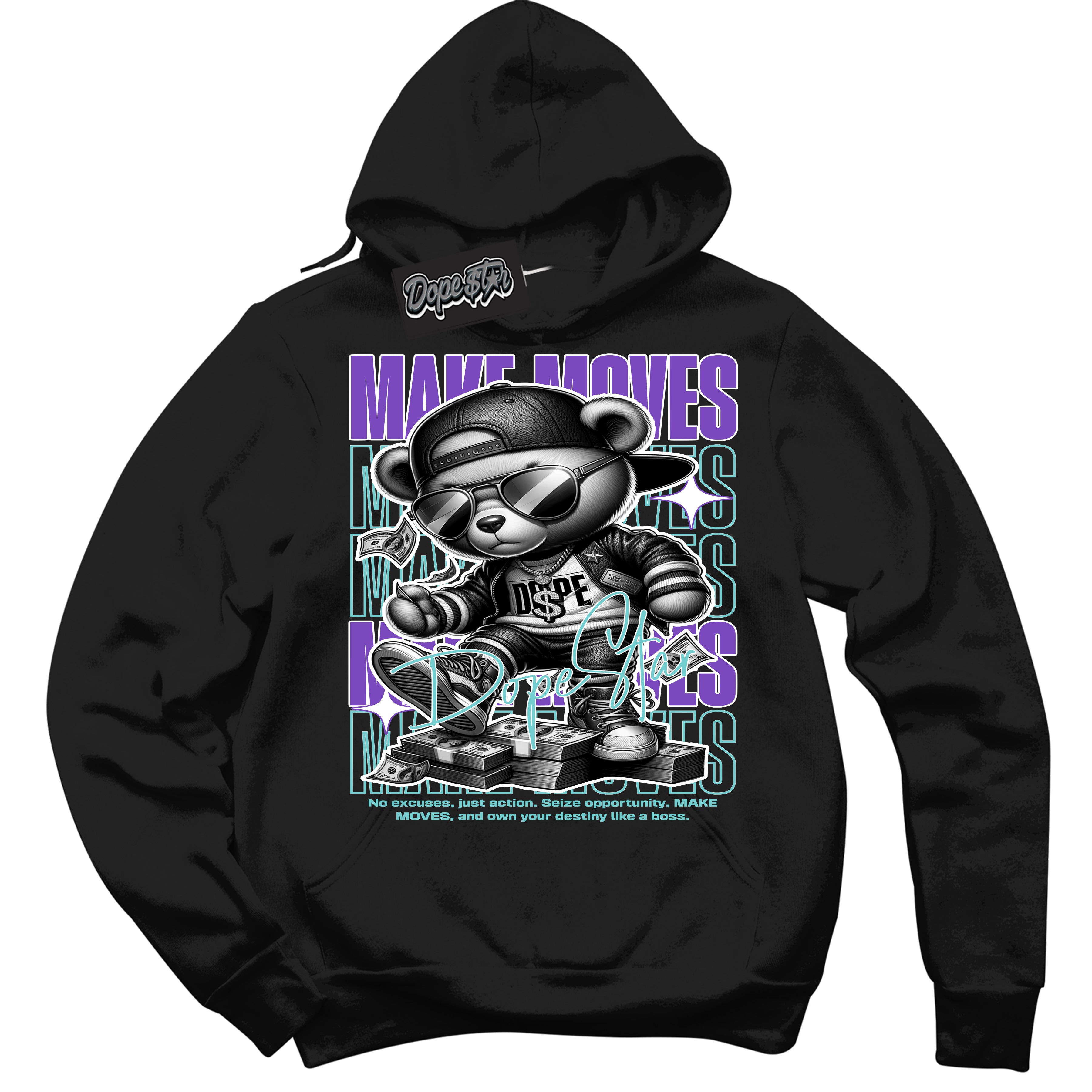 Cool Black Hoodie with “Make Moves” design that Perfectly Matches Psychic Purple Hyper Jade 1s Jordans.