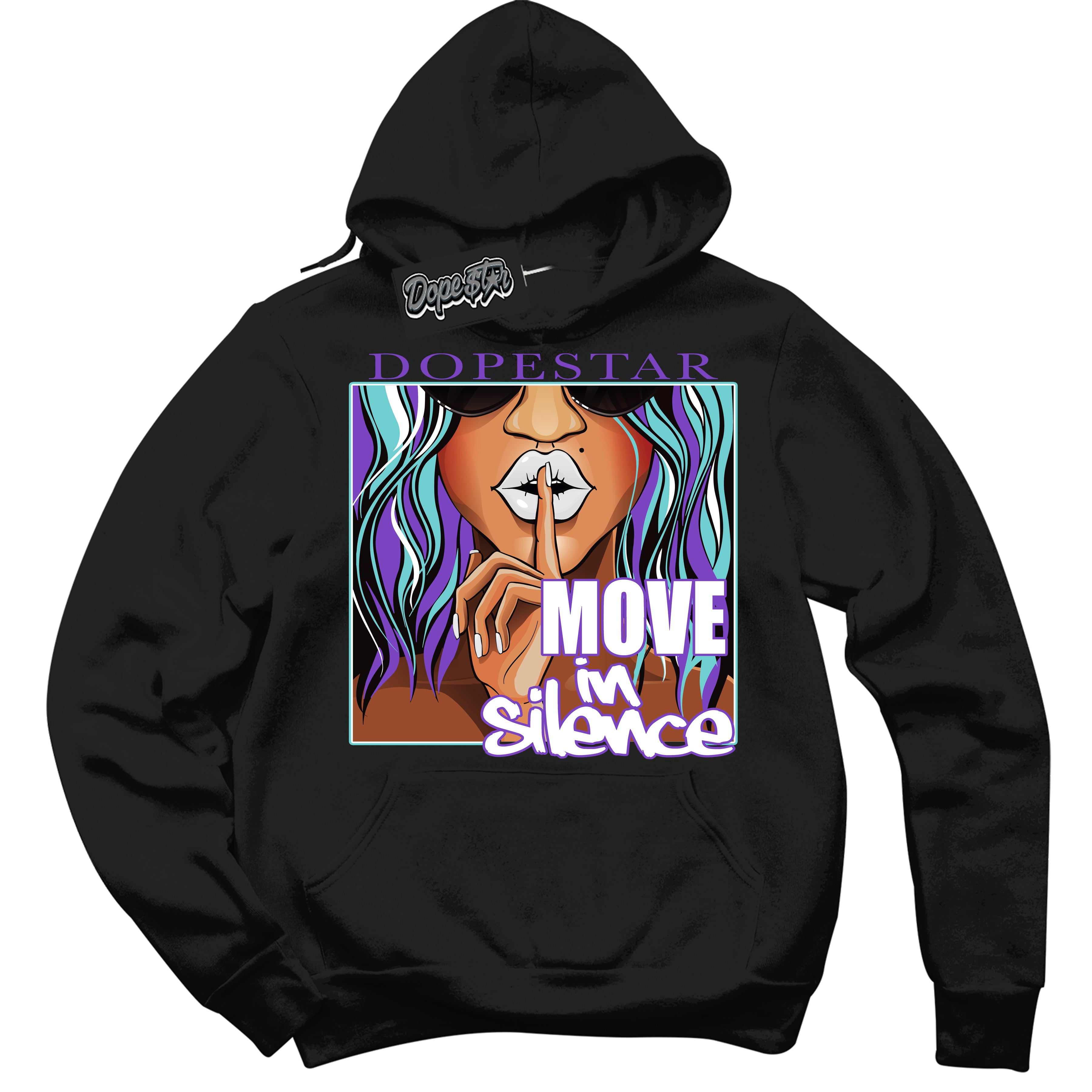 Cool Black Hoodie with “Move In Silence” design that Perfectly Matches Psychic Purple Hyper Jade 1s Jordans.