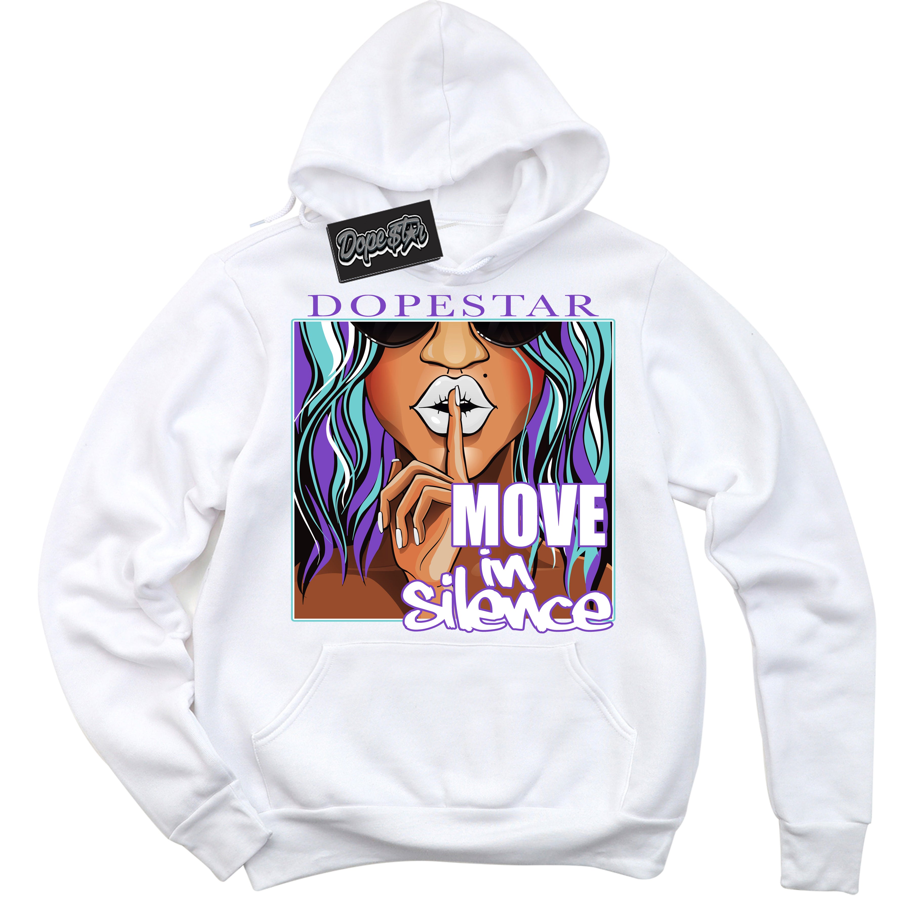 Cool White Hoodie with “Move In Silence” design that Perfectly Matches Psychic Purple Hyper Jade 1s Jordans.