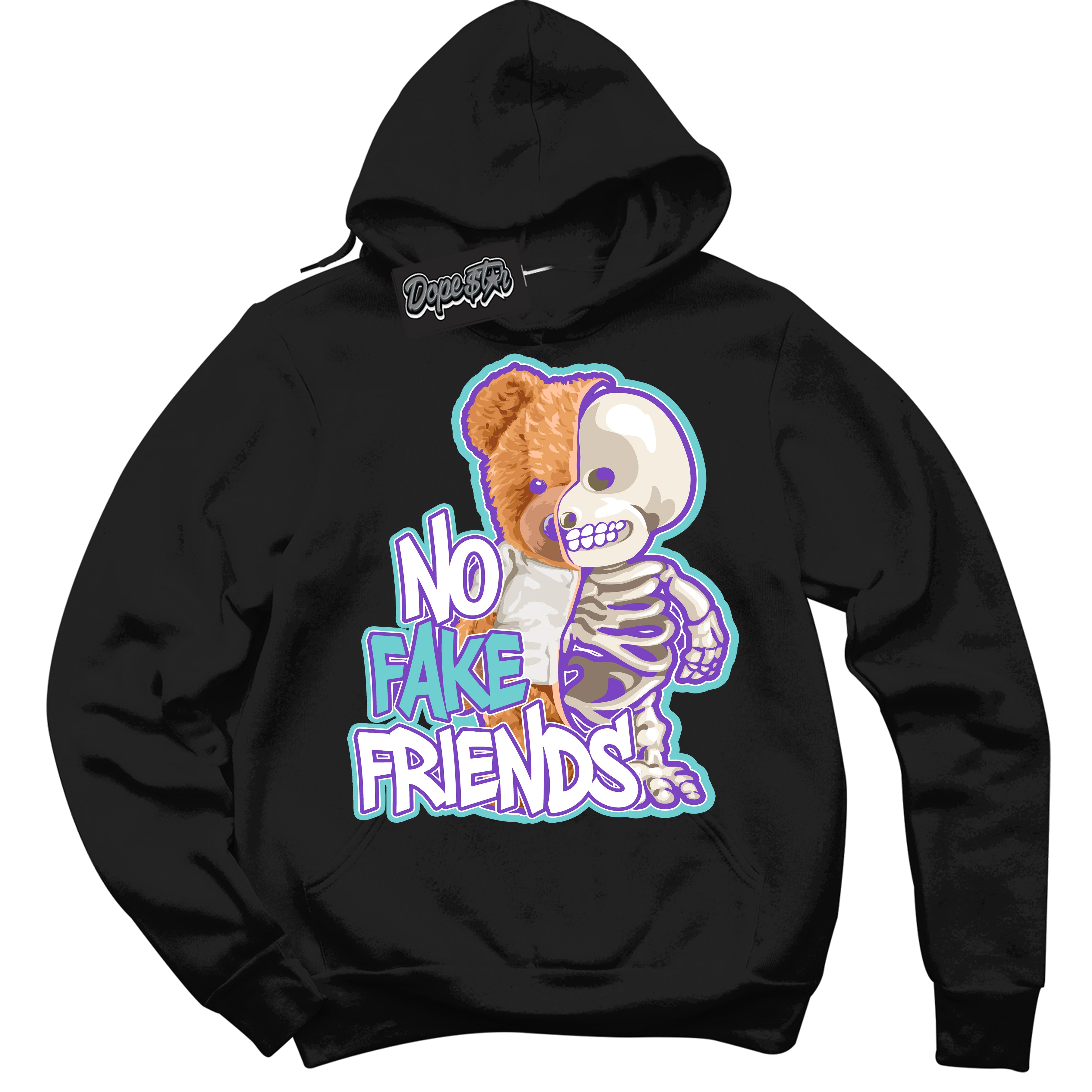 Cool Black Hoodie with “No Fake Friends” design that Perfectly Matches Psychic Purple Hyper Jade 1s Jordans.