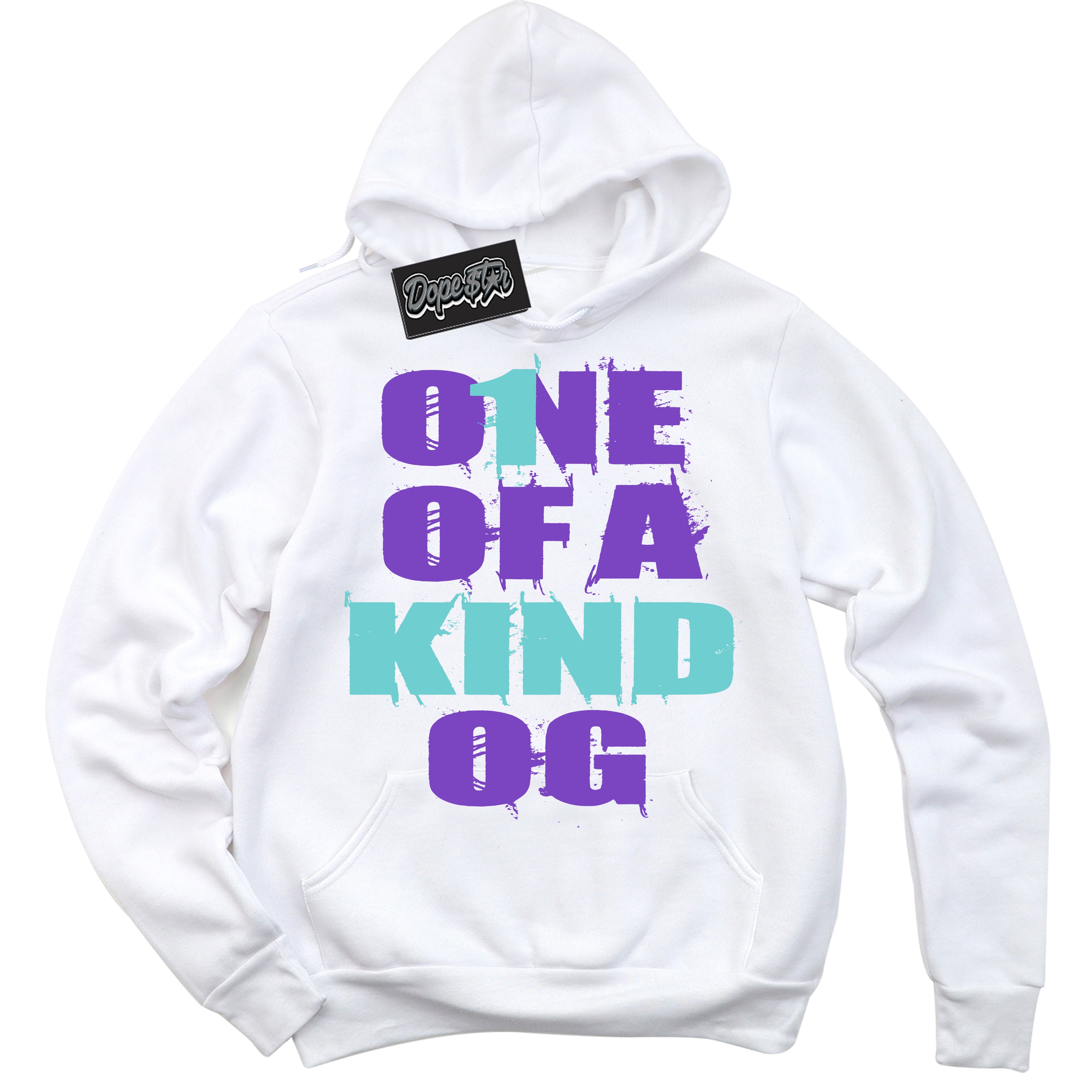 Cool White Hoodie with “One Of A Kind” design that Perfectly Matches Psychic Purple Hyper Jade 1s Jordans.