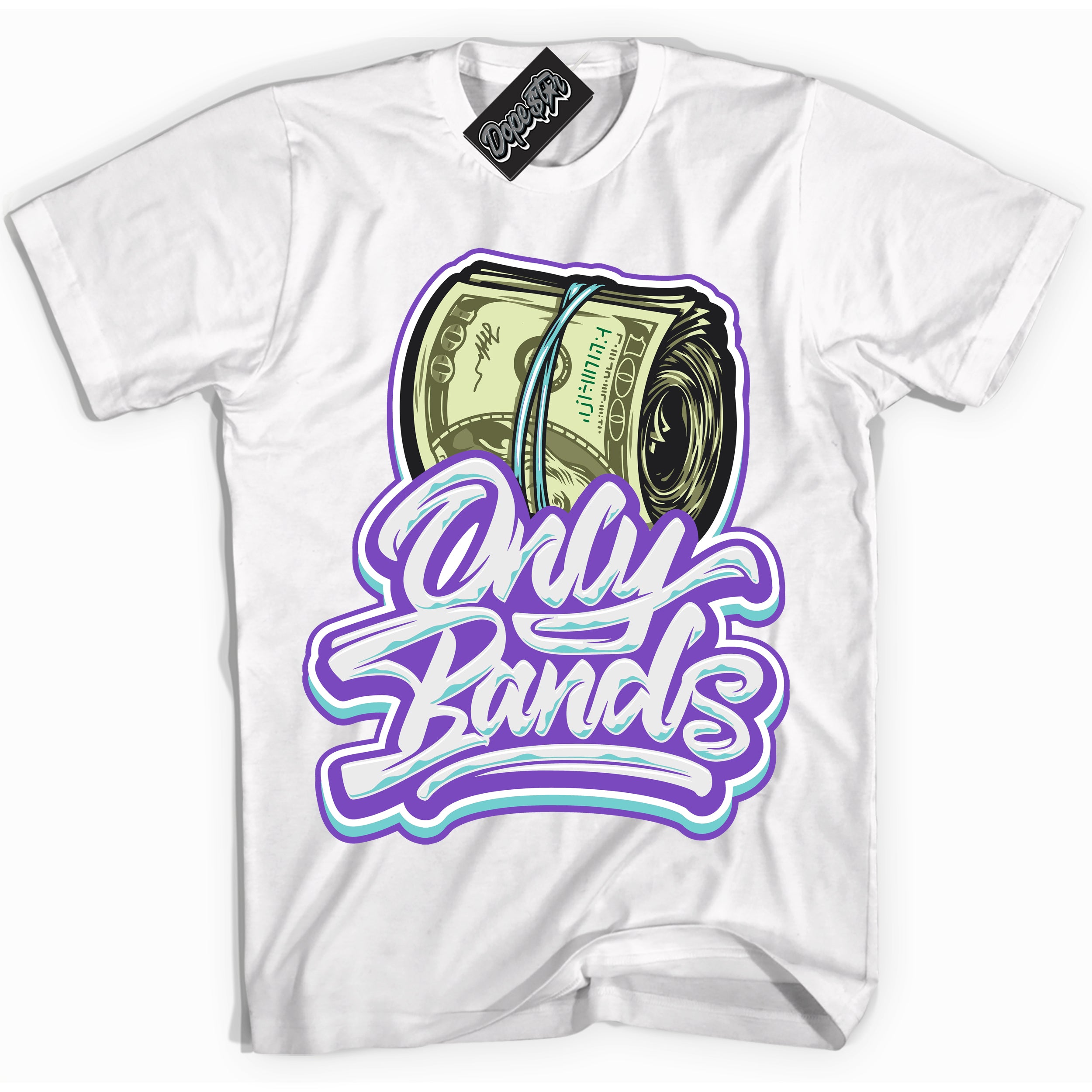 Cool White Shirt with “Only Bands” design that perfectly matches the Psychic Purple Hyper Jade 1s Jordans.