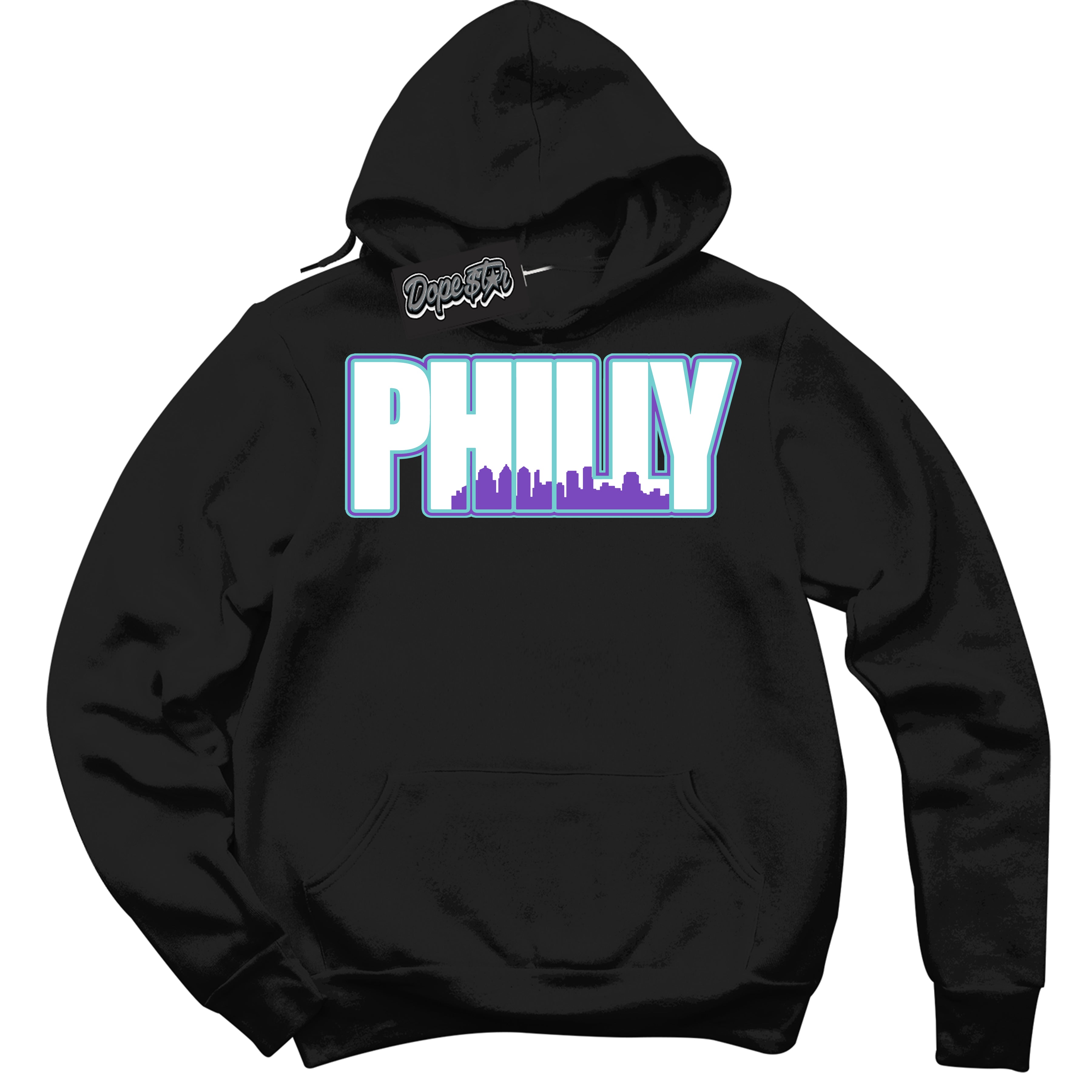 Cool Black Hoodie with “Philly” design that Perfectly Matches Psychic Purple Hyper Jade 1s Jordans.