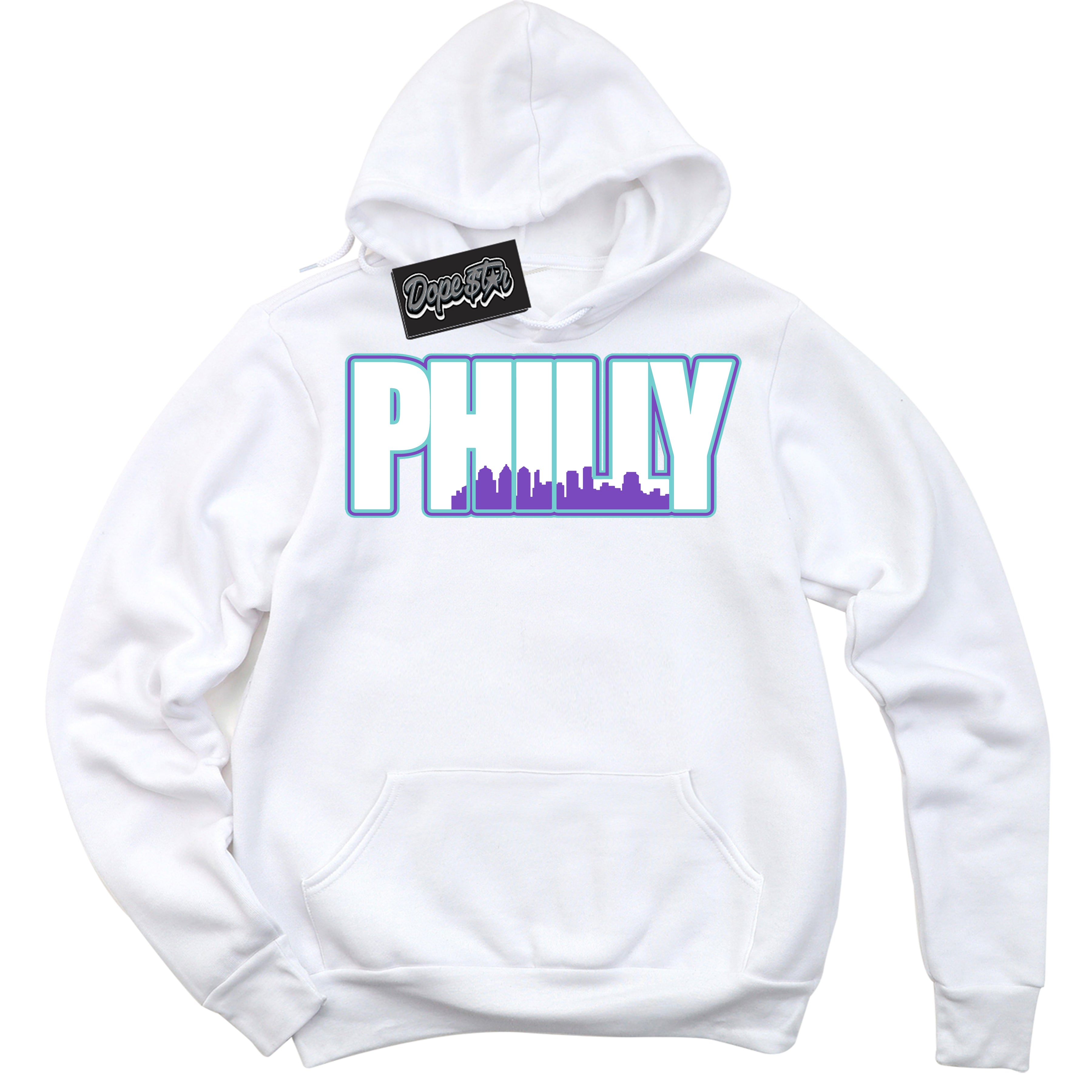 Cool White Hoodie with “Philly” design that Perfectly Matches Psychic Purple Hyper Jade 1s Jordans.