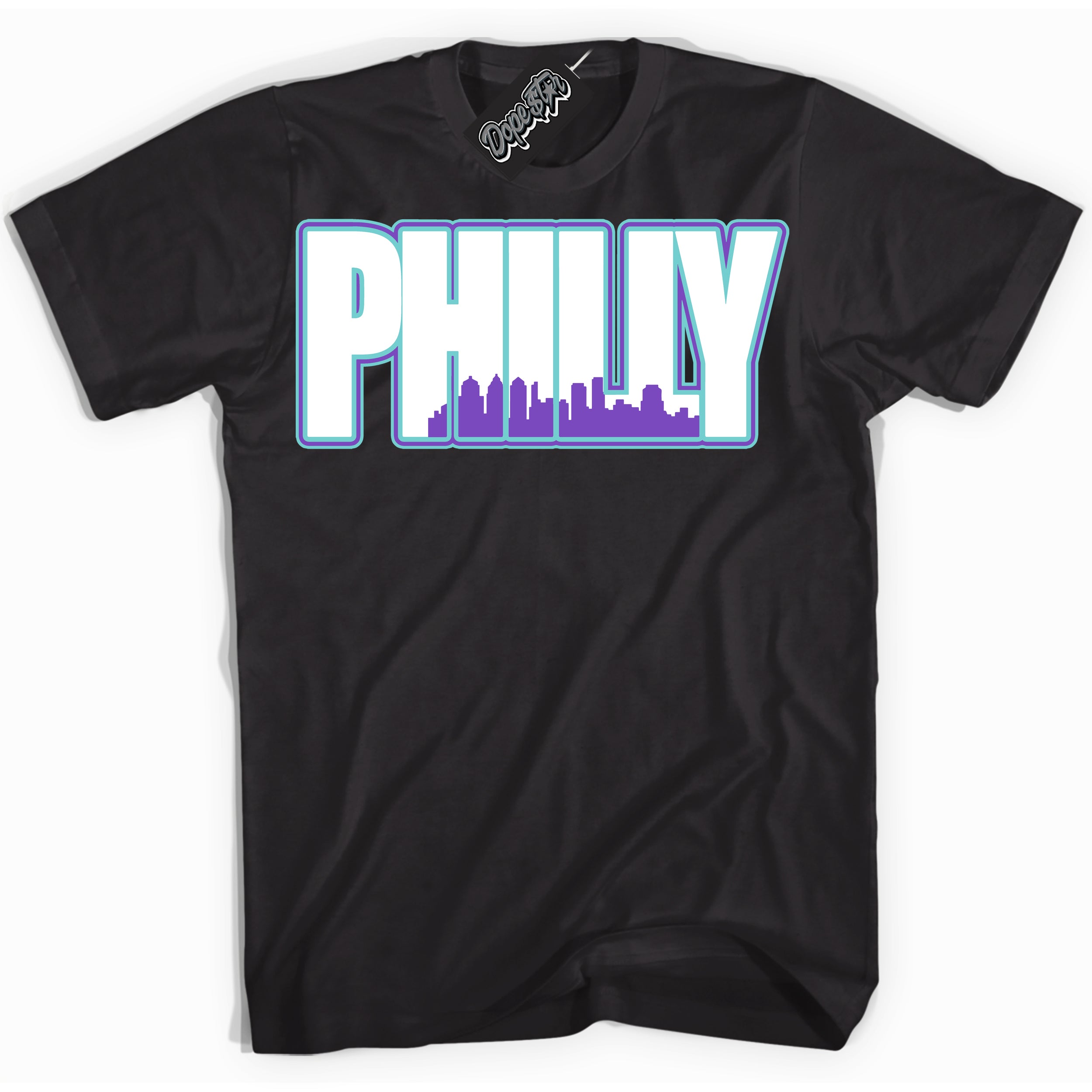 Cool Black Shirt with “Philly” design that perfectly matches the Psychic Purple Hyper Jade 1s Jordans.