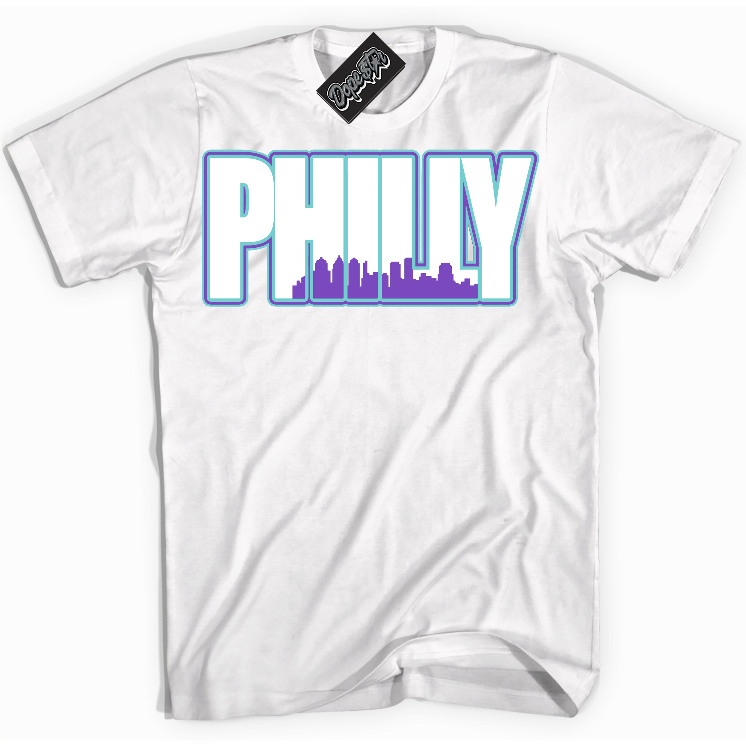 Cool White Shirt with “Philly” design that perfectly matches the Psychic Purple Hyper Jade 1s Jordans.