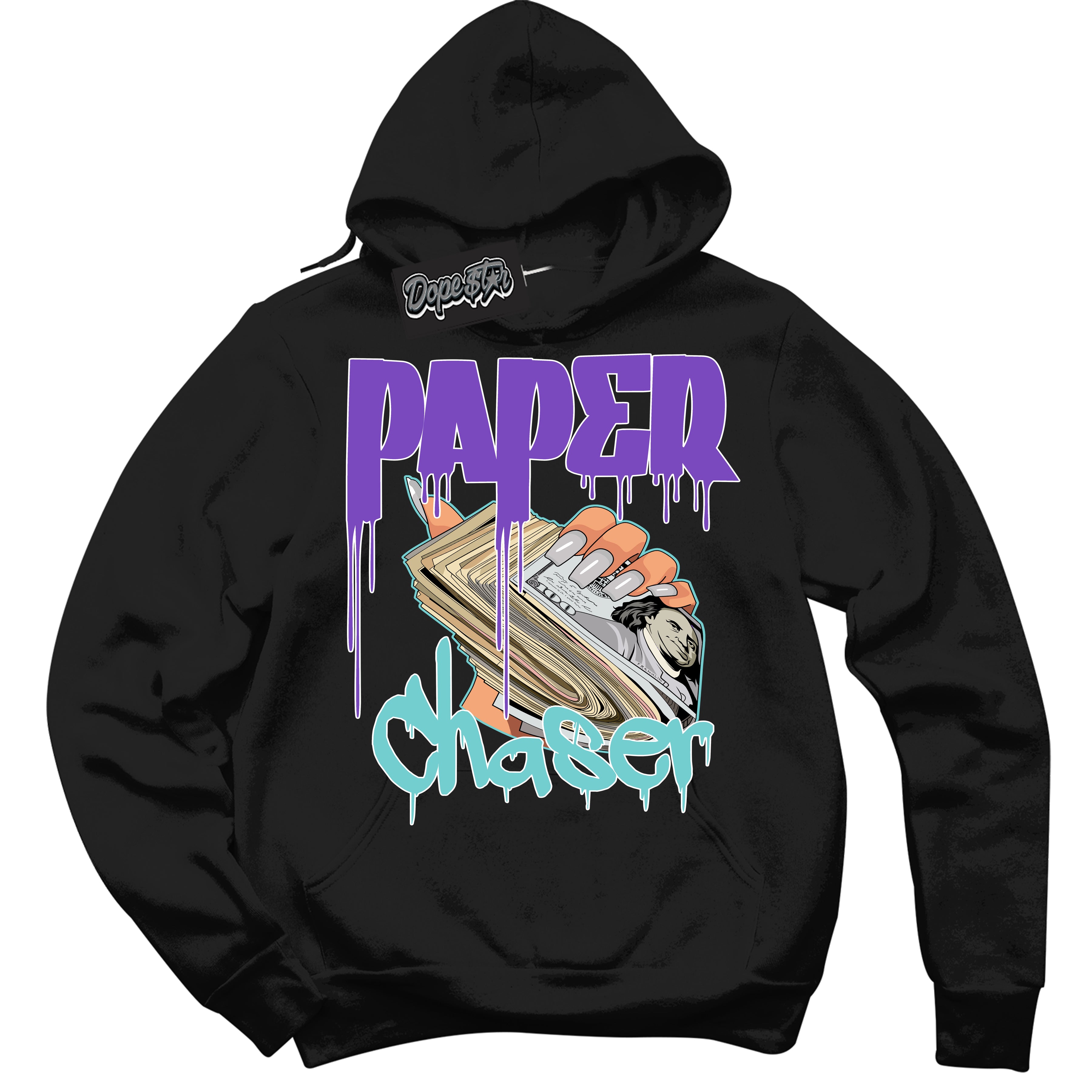 Cool Black Hoodie with “Paper Chaser” design that Perfectly Matches Psychic Purple Hyper Jade 1s Jordans.