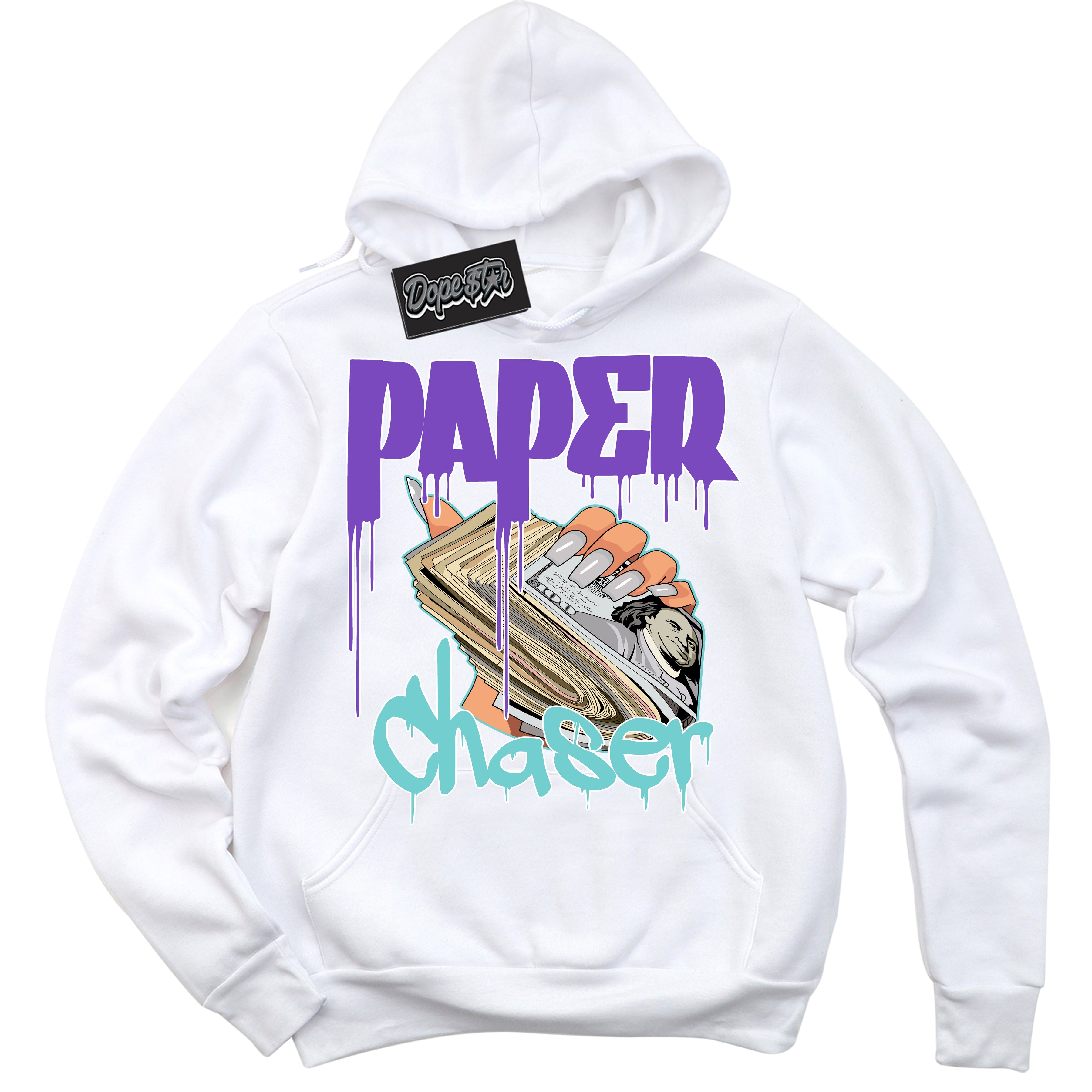 Cool White Hoodie with “Paper Chaser” design that Perfectly Matches Psychic Purple Hyper Jade 1s Jordans.