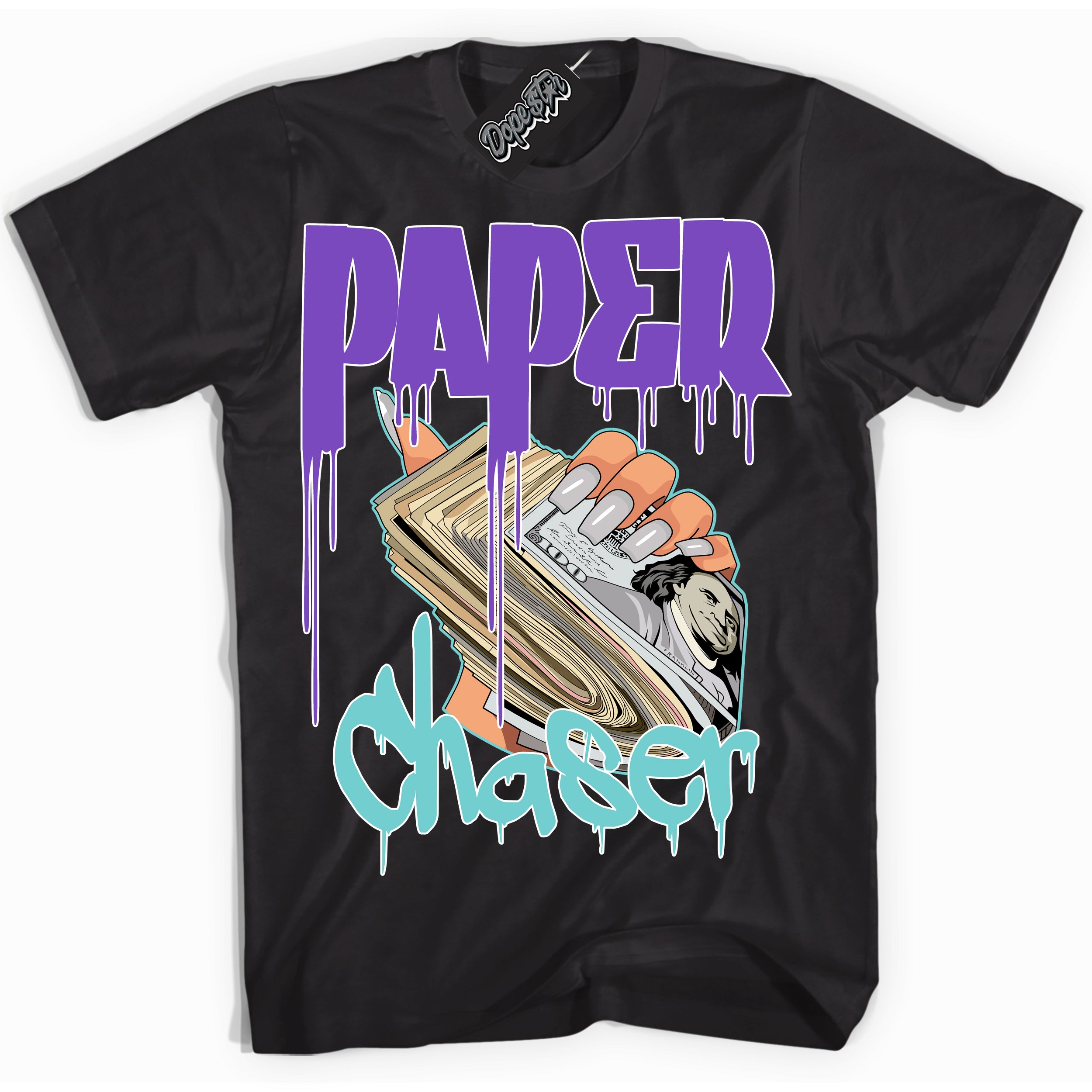 Cool Black Shirt with “Paper Chaser” design that perfectly matches the Psychic Purple Hyper Jade 1s Jordans.