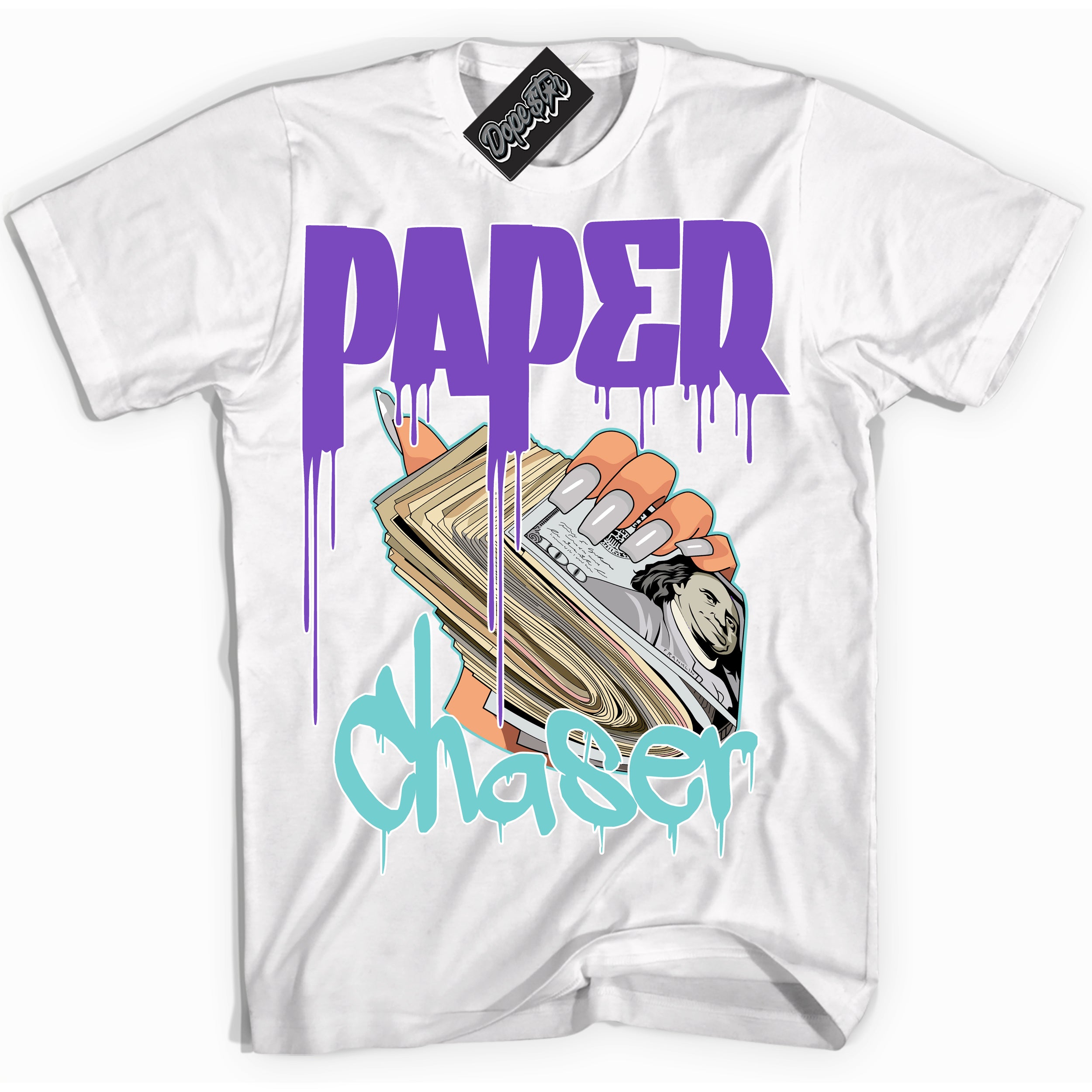 Cool White Shirt with “Paper Chaser” design that perfectly matches the Psychic Purple Hyper Jade 1s Jordans.