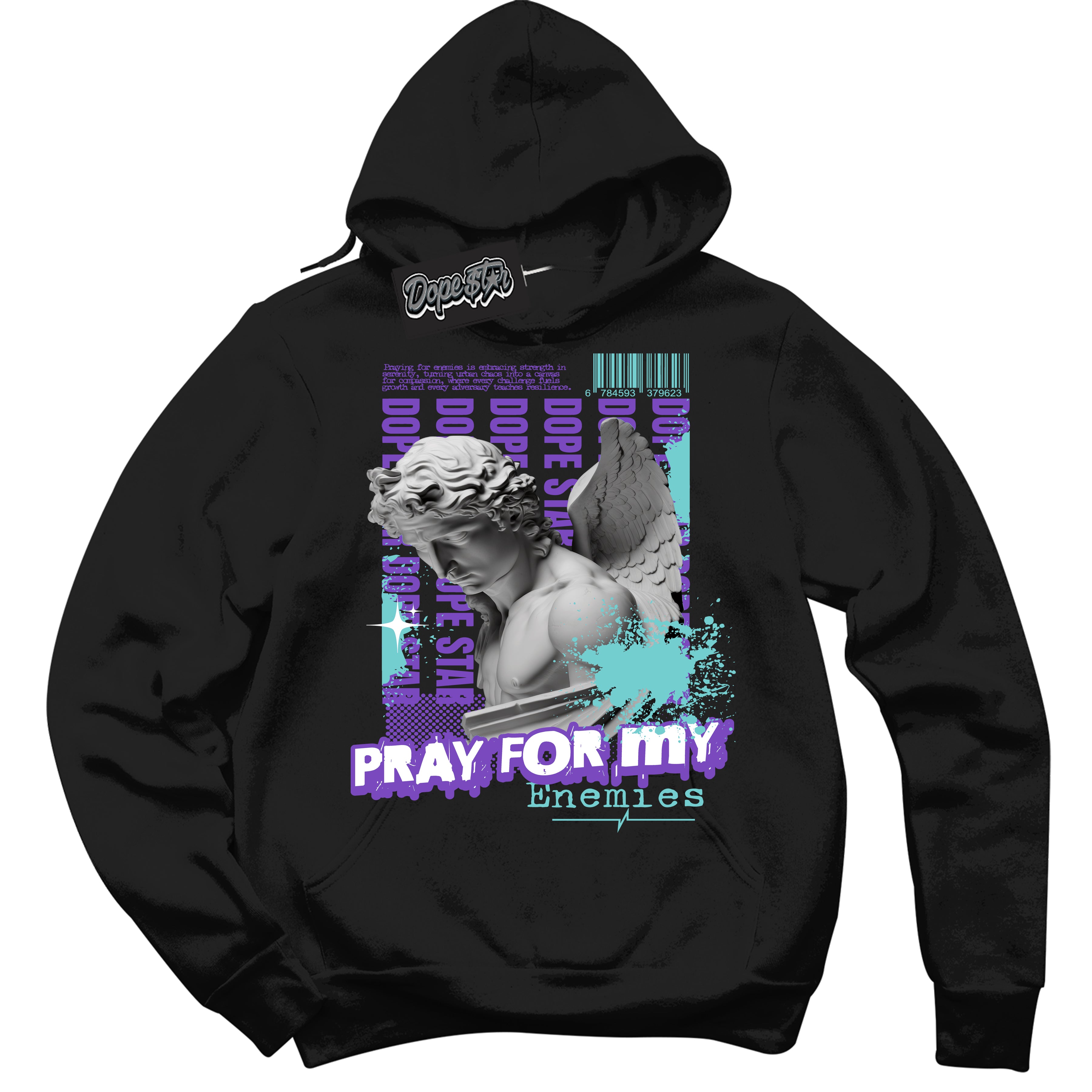 Cool Black Hoodie with “Pray Enemies” design that Perfectly Matches Psychic Purple Hyper Jade 1s Jordans.