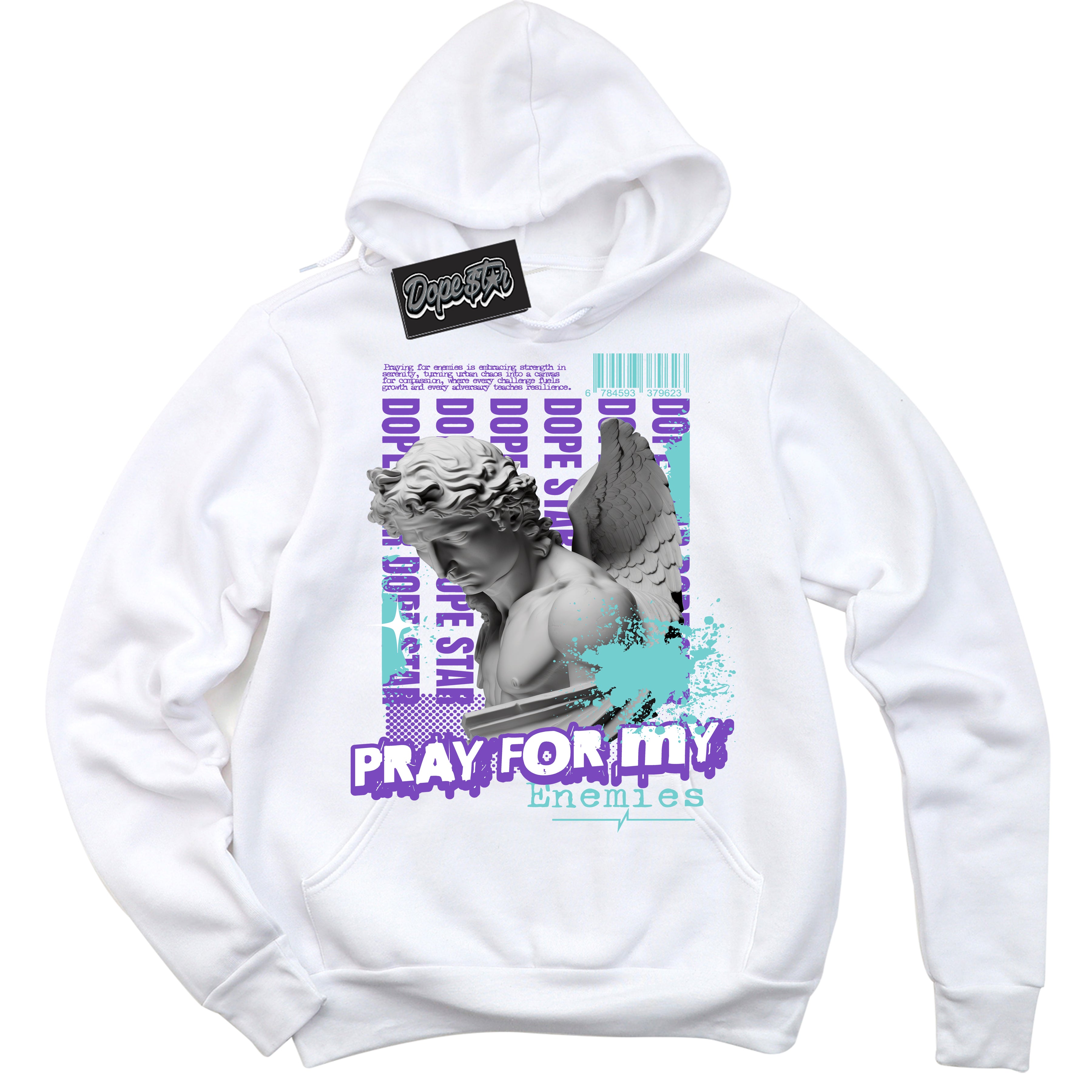 Cool White Hoodie with “Pray Enemies” design that Perfectly Matches Psychic Purple Hyper Jade 1s Jordans.