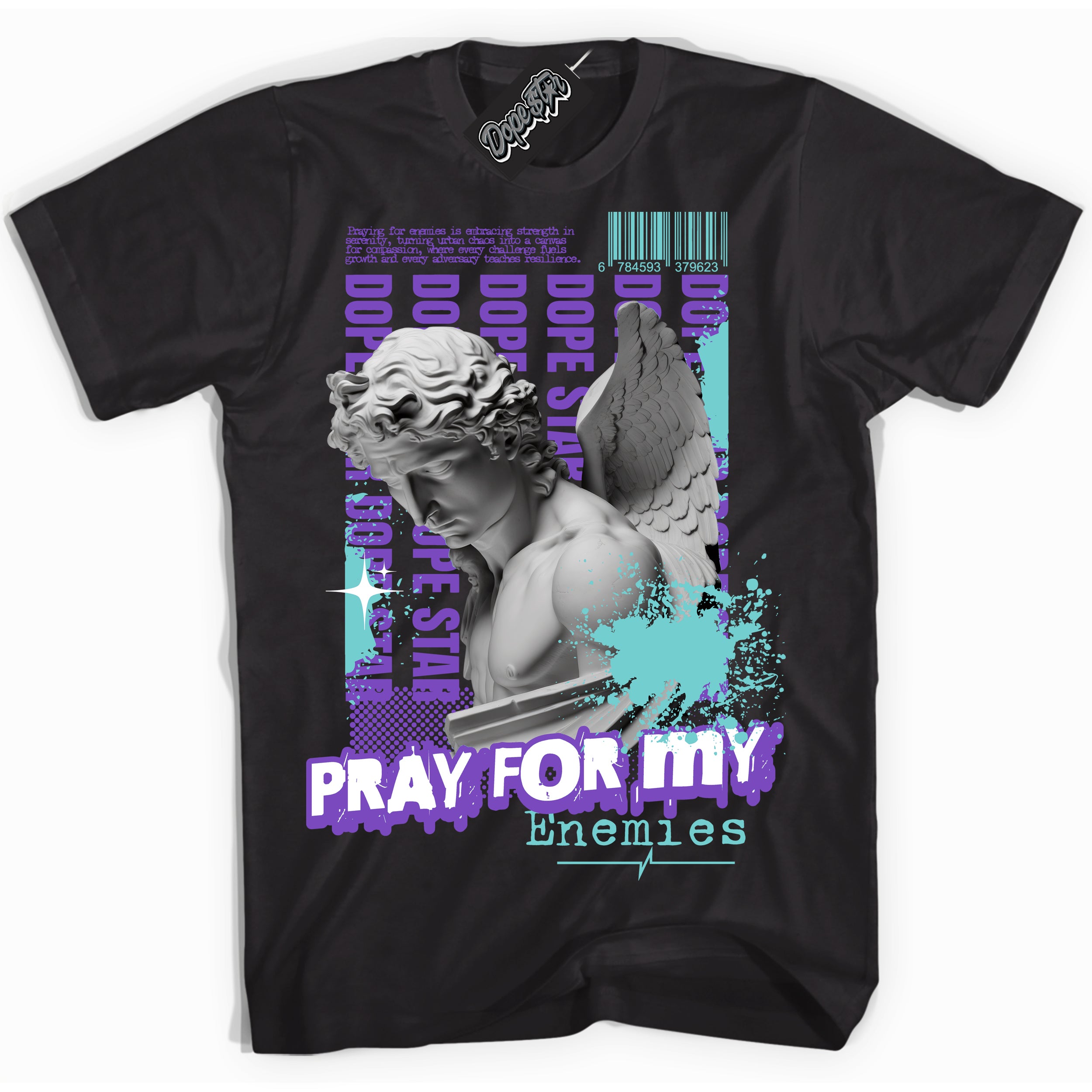 Cool Black Shirt with “Pray Enemies” design that perfectly matches the Psychic Purple Hyper Jade 1s Jordans.