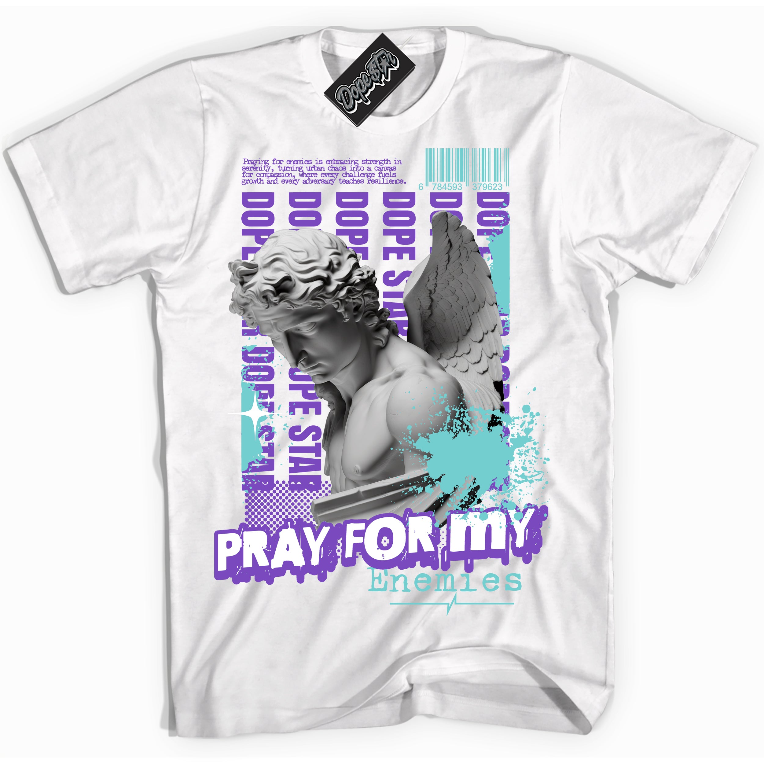 Cool White Shirt with “Pray Enemies” design that perfectly matches the Psychic Purple Hyper Jade 1s Jordans.