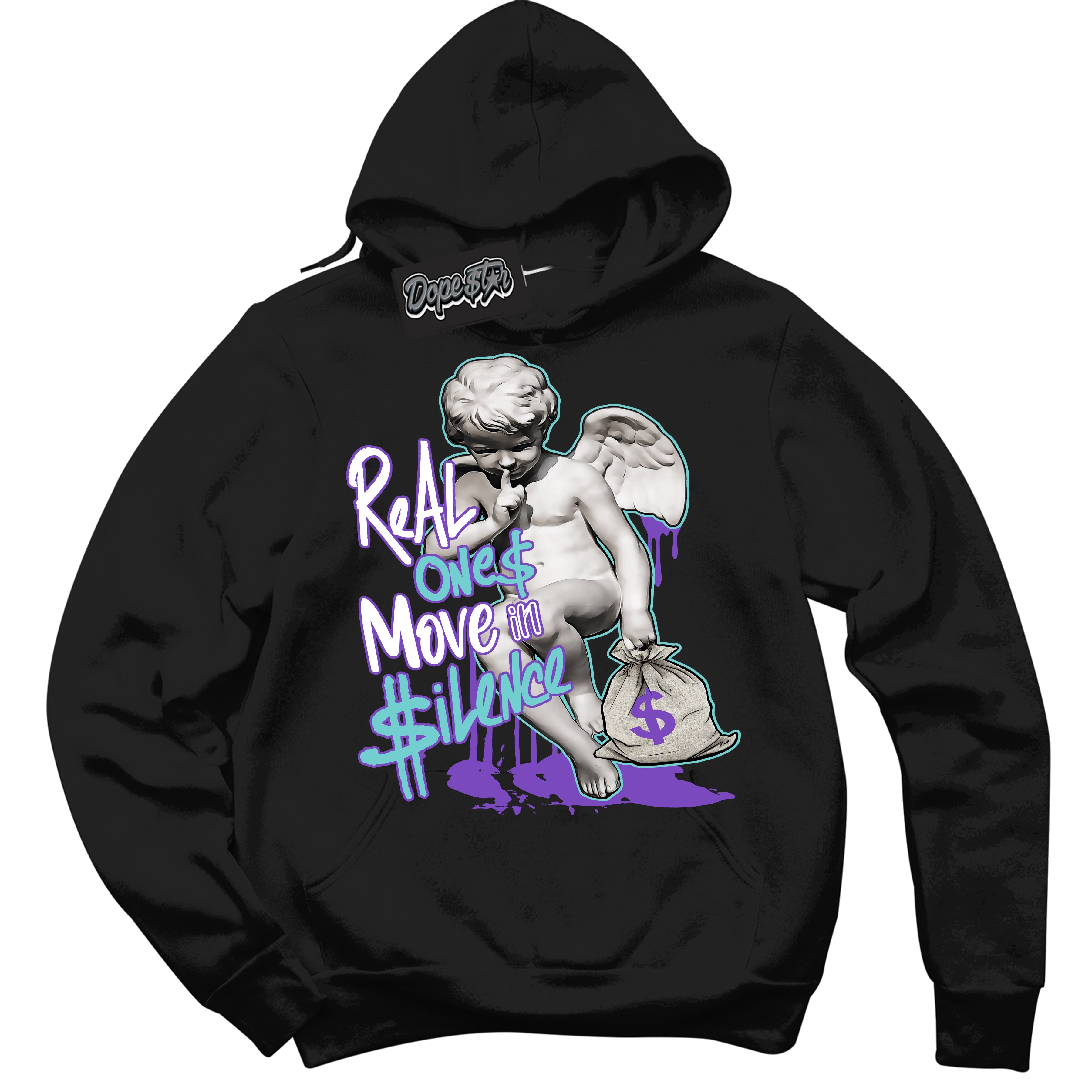 Cool Black Hoodie with “Real Ones Cherub” design that Perfectly Matches Psychic Purple Hyper Jade 1s Jordans.