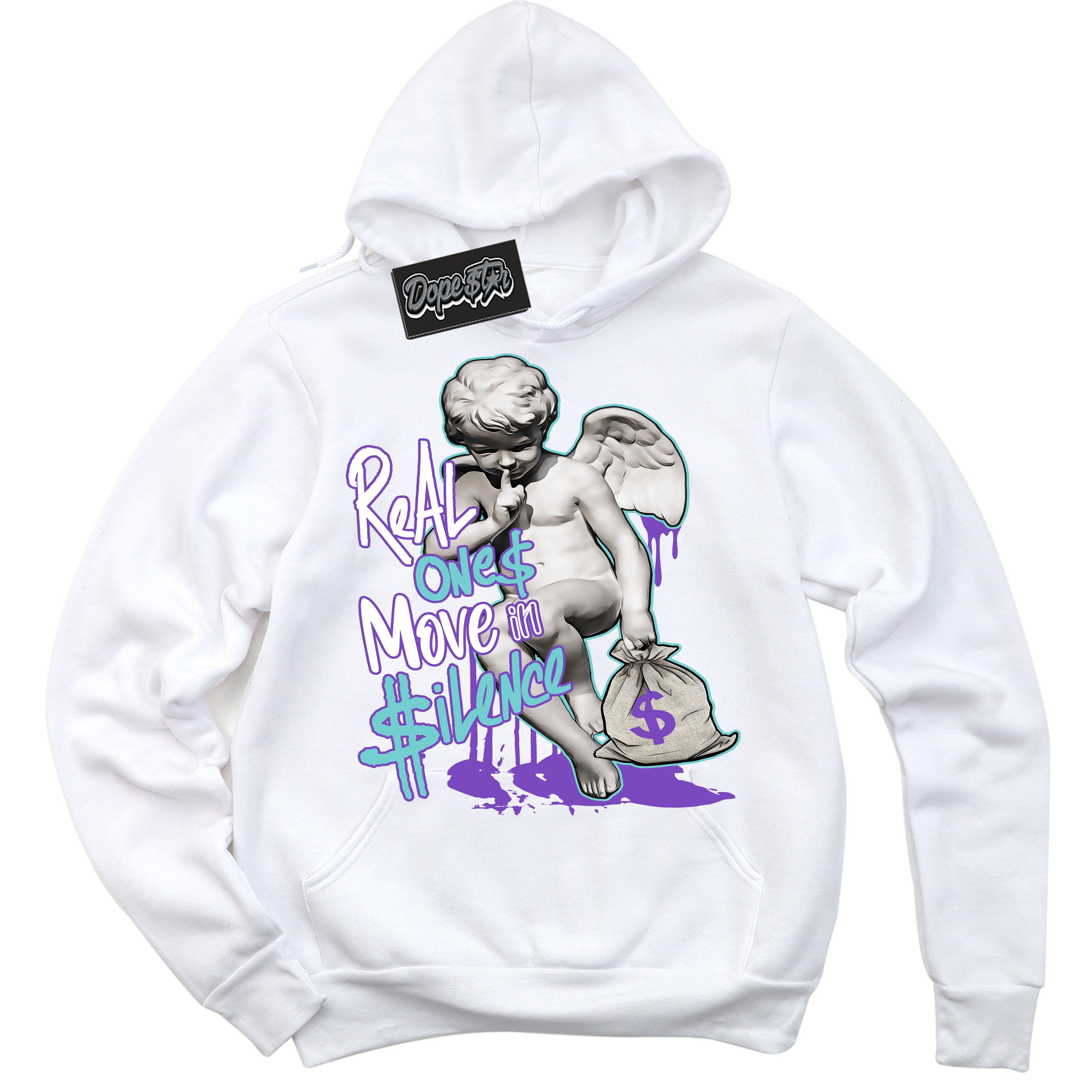 Cool White Hoodie with “Real Ones Cherub” design that Perfectly Matches Psychic Purple Hyper Jade 1s Jordans.