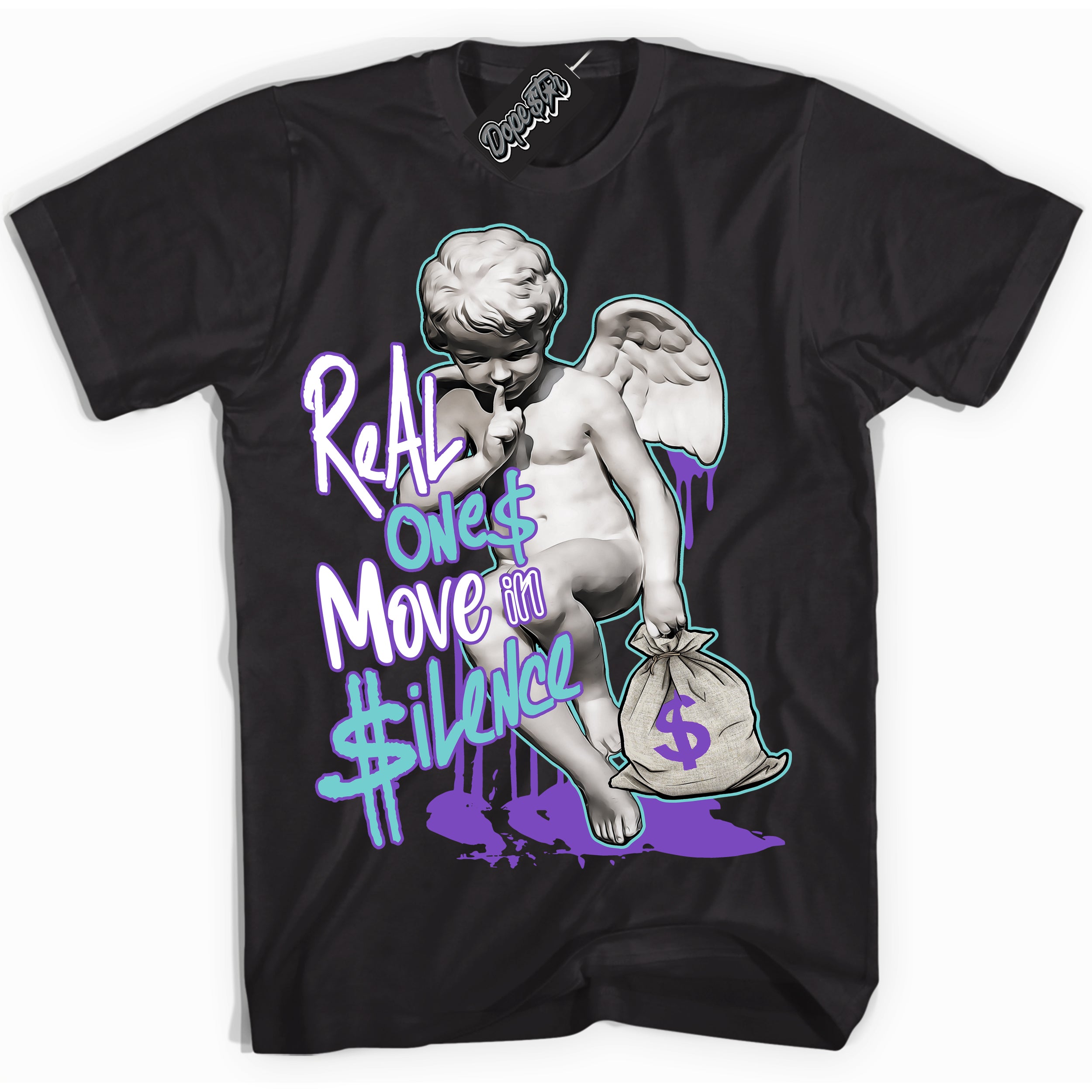 Cool Black Shirt with “Real Ones Cherub” design that perfectly matches the Psychic Purple Hyper Jade 1s Jordans.