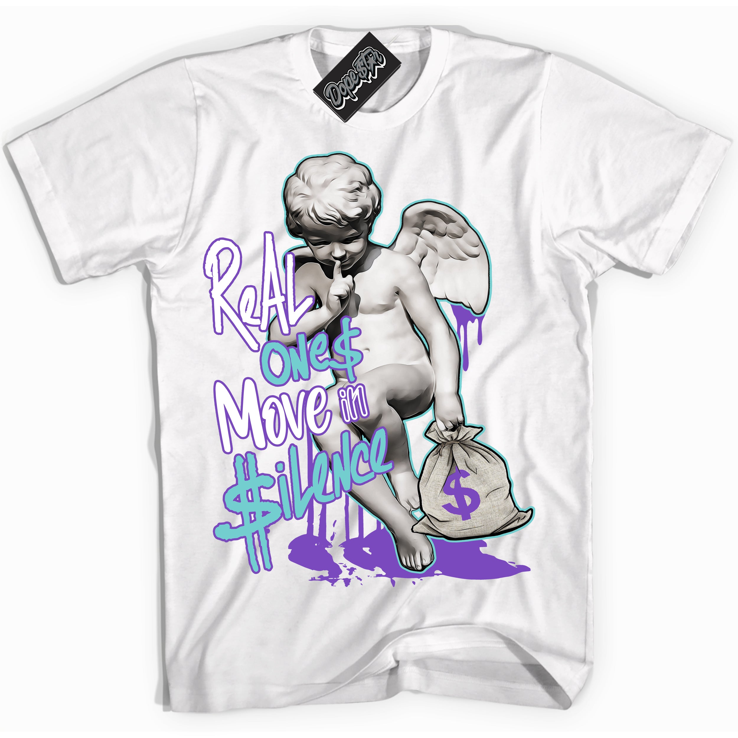 Cool White Shirt with “Real Ones Cherub” design that perfectly matches the Psychic Purple Hyper Jade 1s Jordans.