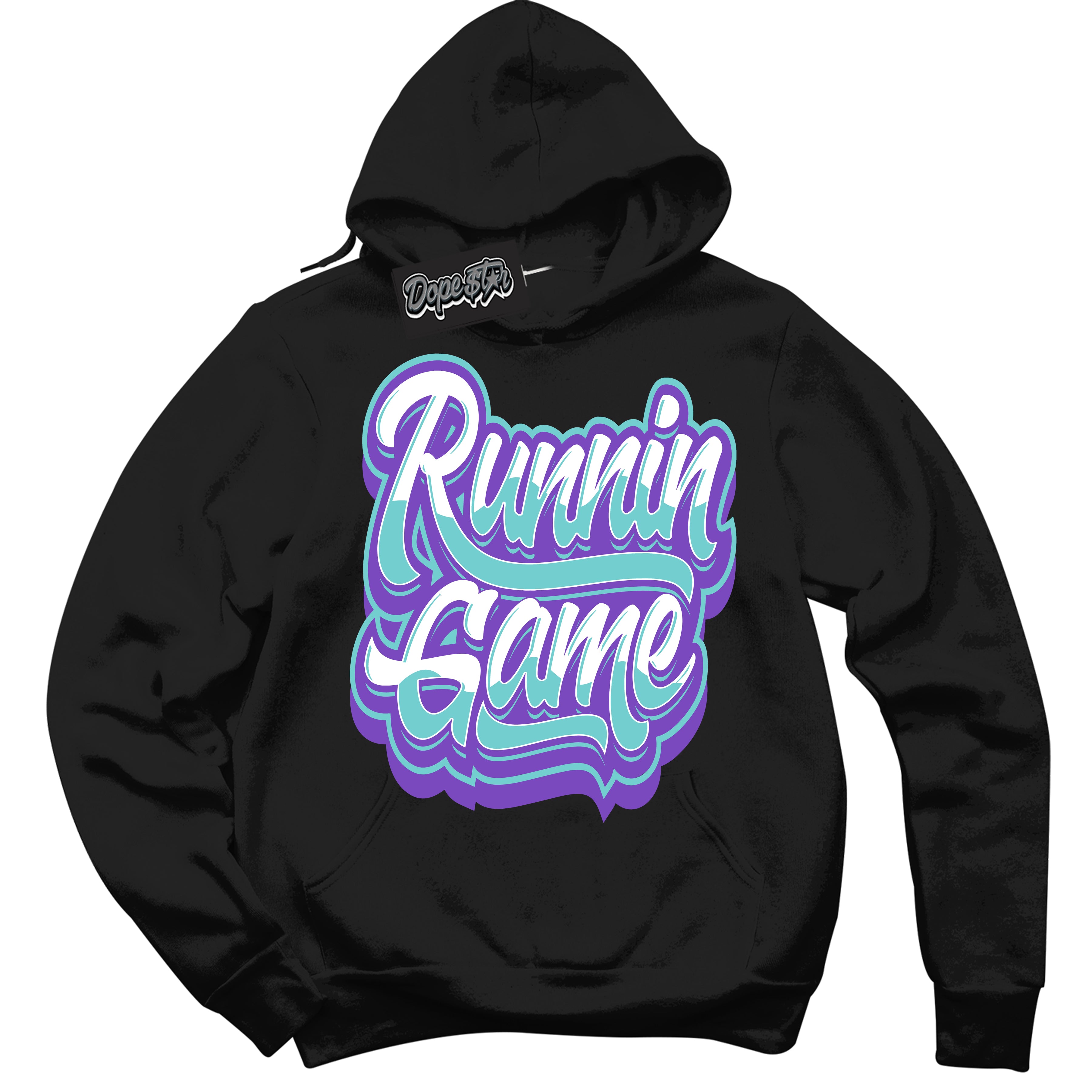 Cool Black Hoodie with “Running Game” design that Perfectly Matches Psychic Purple Hyper Jade 1s Jordans.