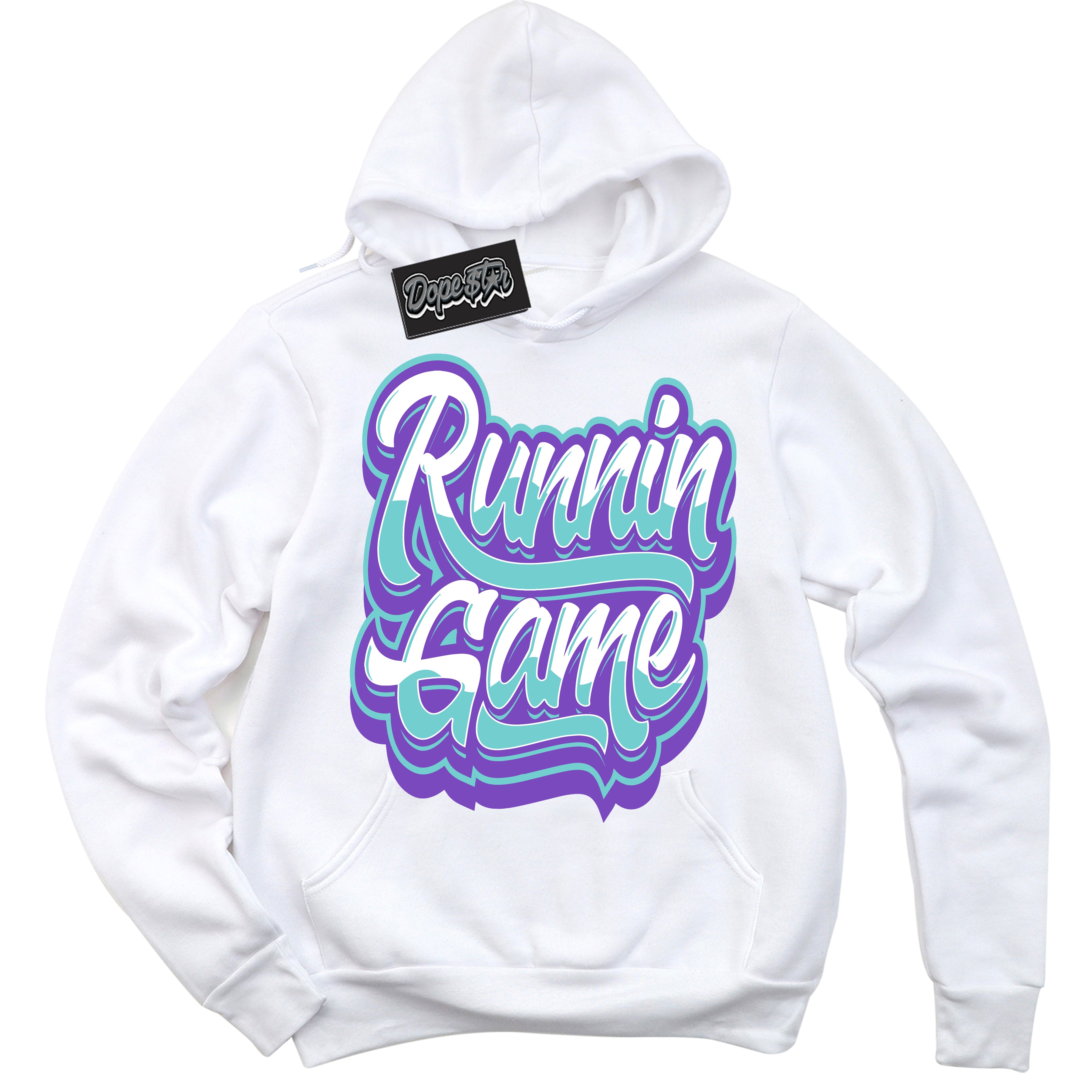 Cool White Hoodie with “Running Game” design that Perfectly Matches Psychic Purple Hyper Jade 1s Jordans.