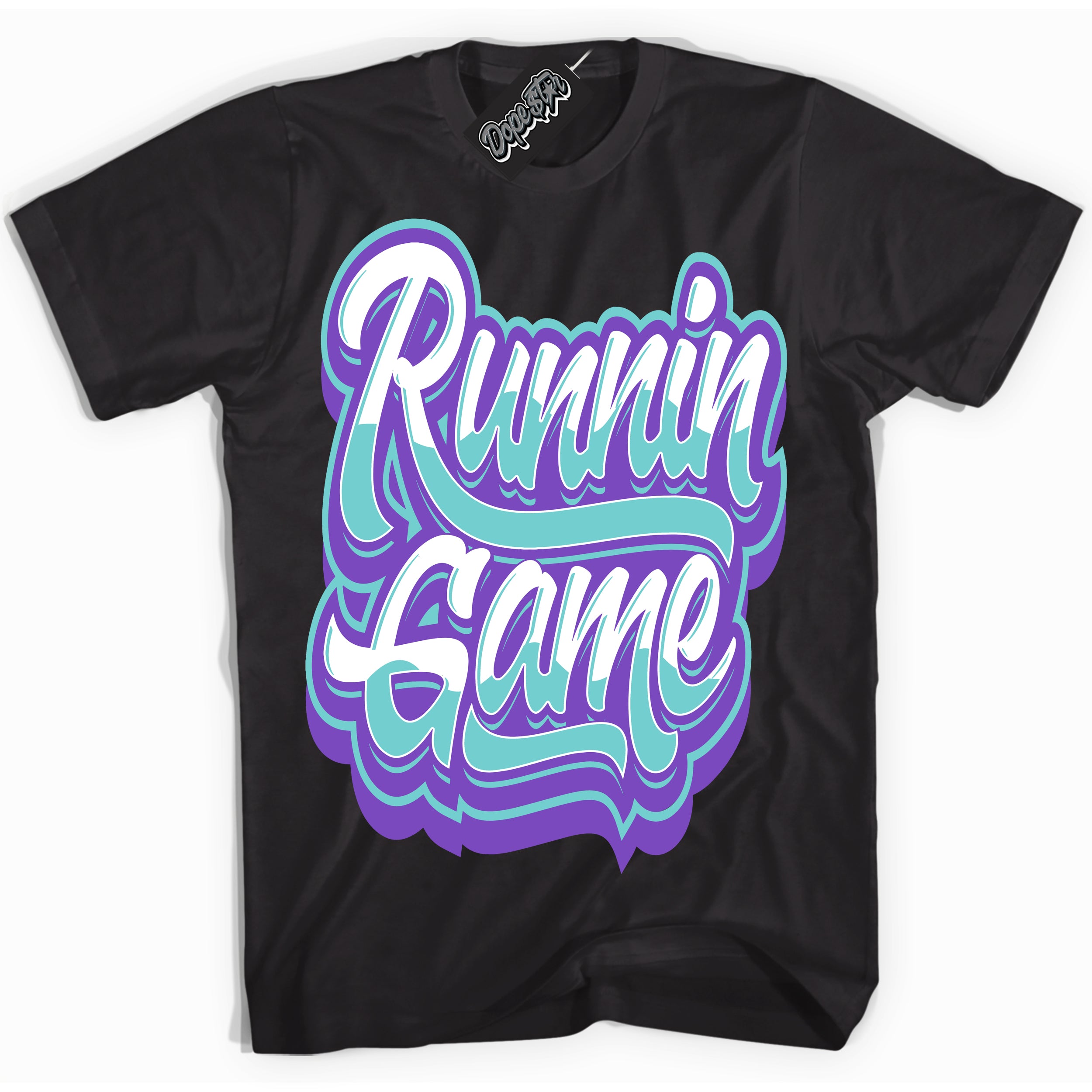 Cool Black Shirt with “Running Game” design that perfectly matches the Psychic Purple Hyper Jade 1s Jordans.