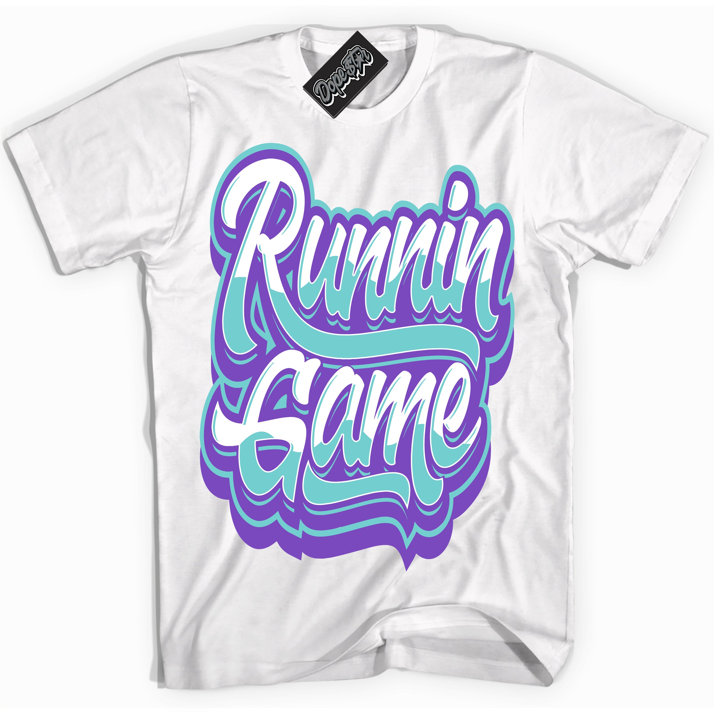 Cool White Shirt with “Running Game” design that perfectly matches the Psychic Purple Hyper Jade 1s Jordans.