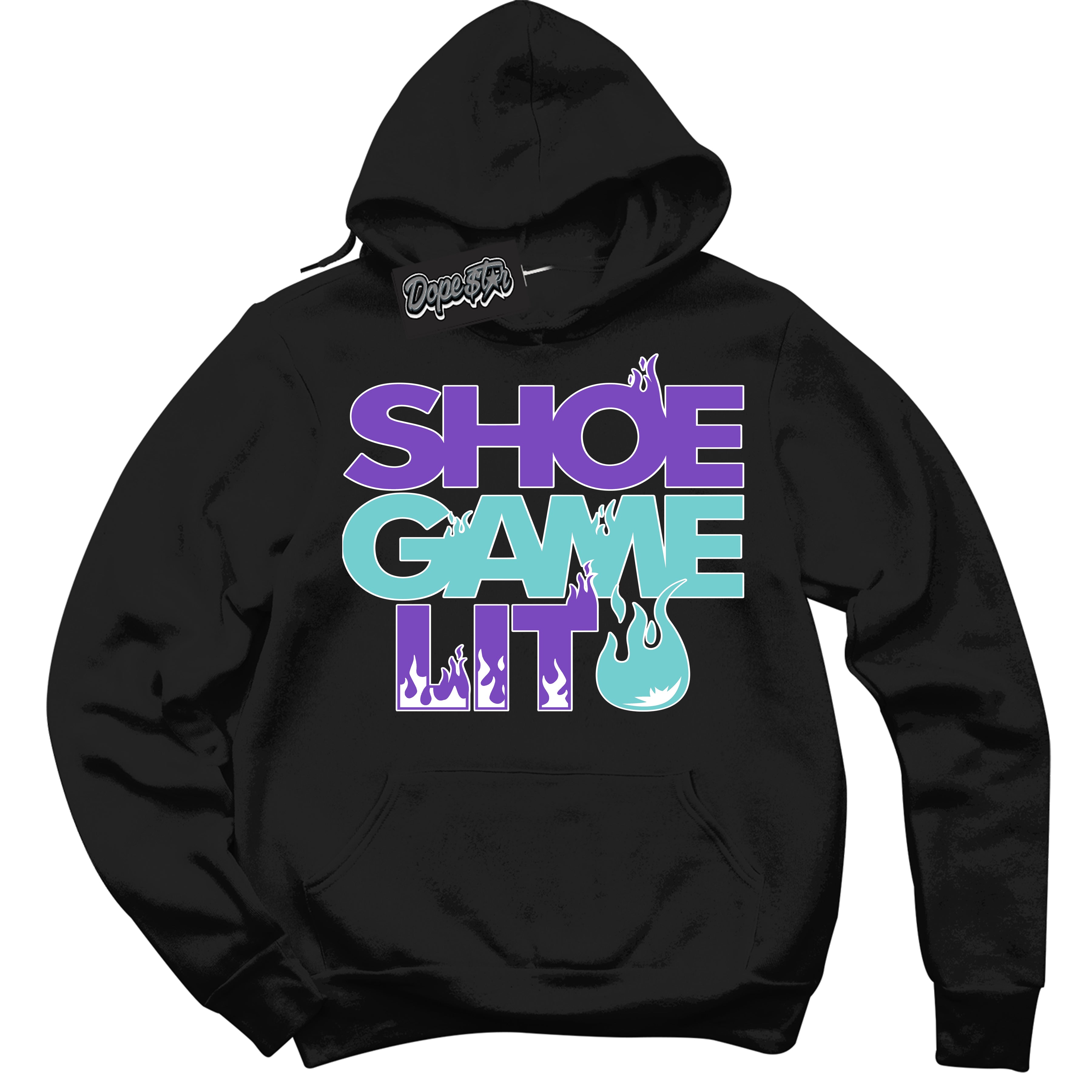 Cool Black Hoodie with “Shoe Game Lit” design that Perfectly Matches Psychic Purple Hyper Jade 1s Jordans.