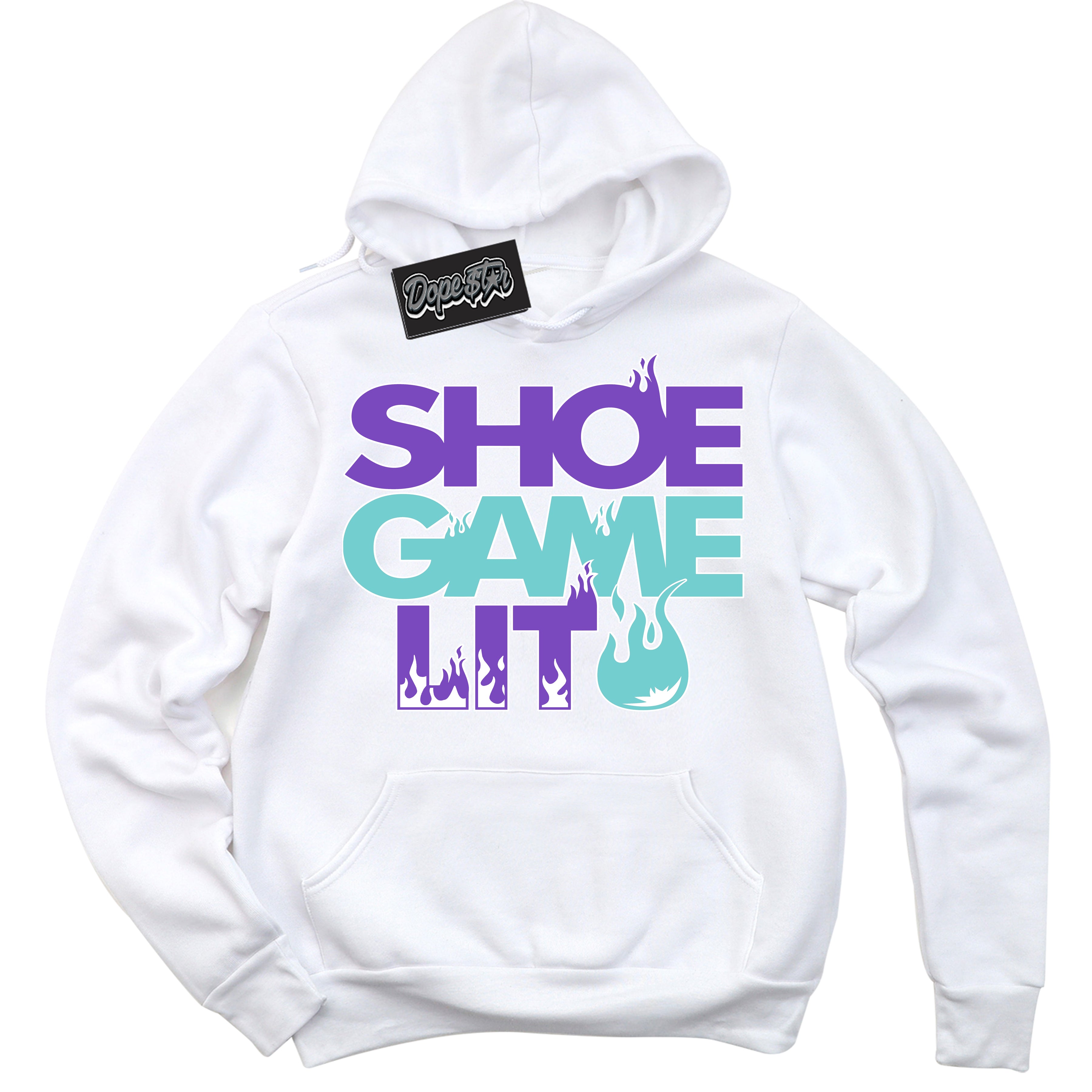 Cool White Hoodie with “Shoe Game Lit” design that Perfectly Matches Psychic Purple Hyper Jade 1s Jordans.