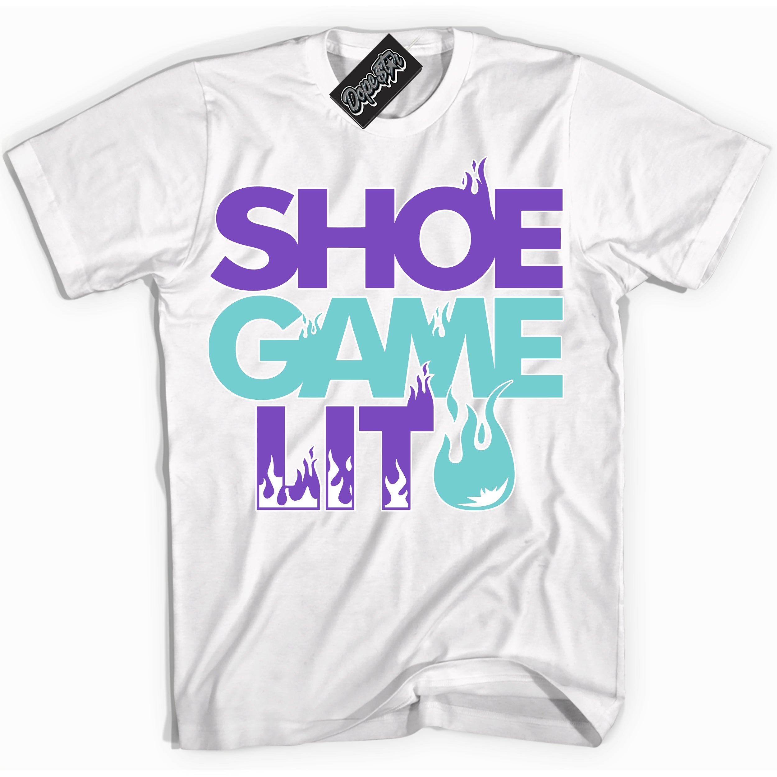 Cool White Shirt with “Shoe Game Lit” design that perfectly matches the Psychic Purple Hyper Jade 1s Jordans.