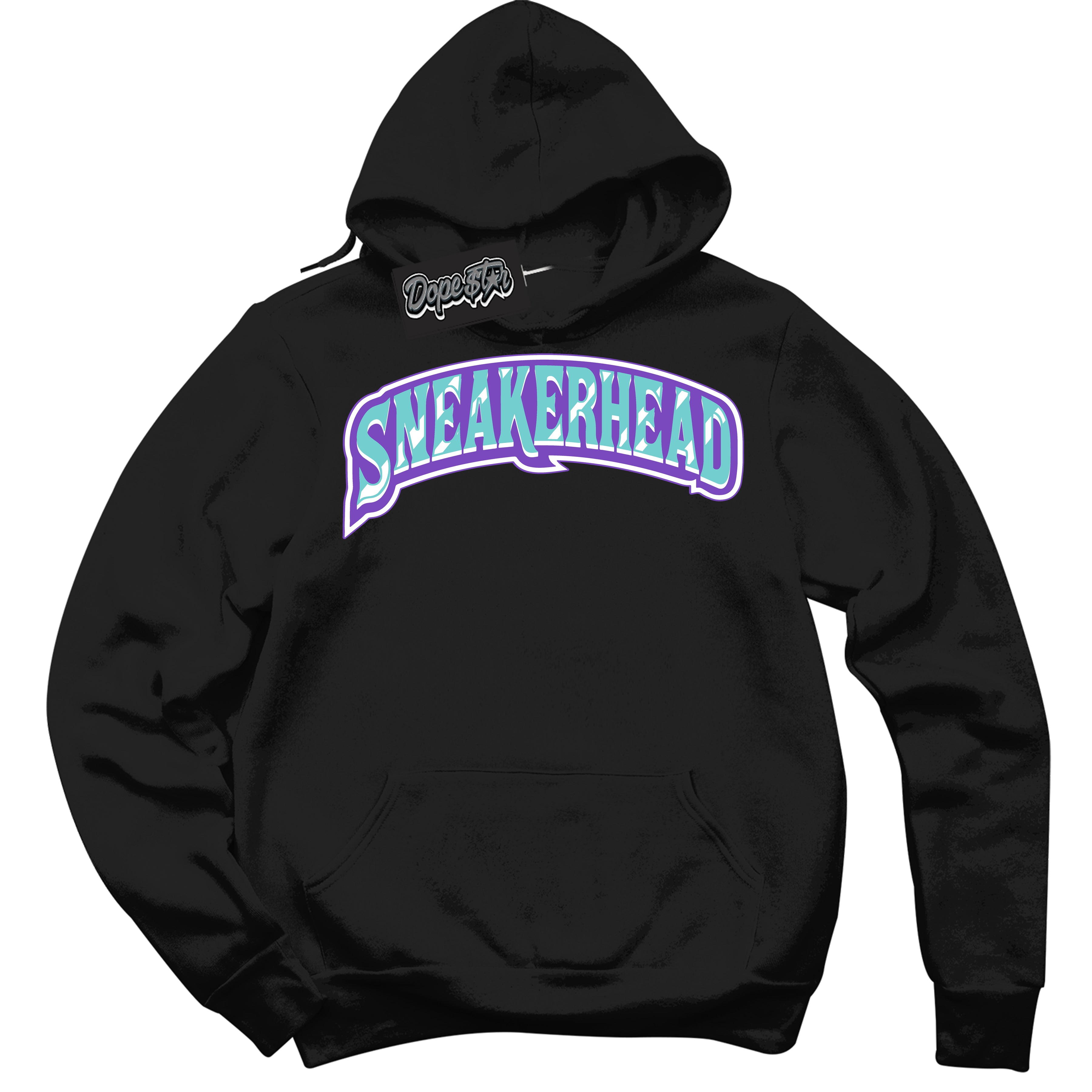 Cool Black Hoodie with “Sneakerhead” design that Perfectly Matches Psychic Purple Hyper Jade 1s Jordans.