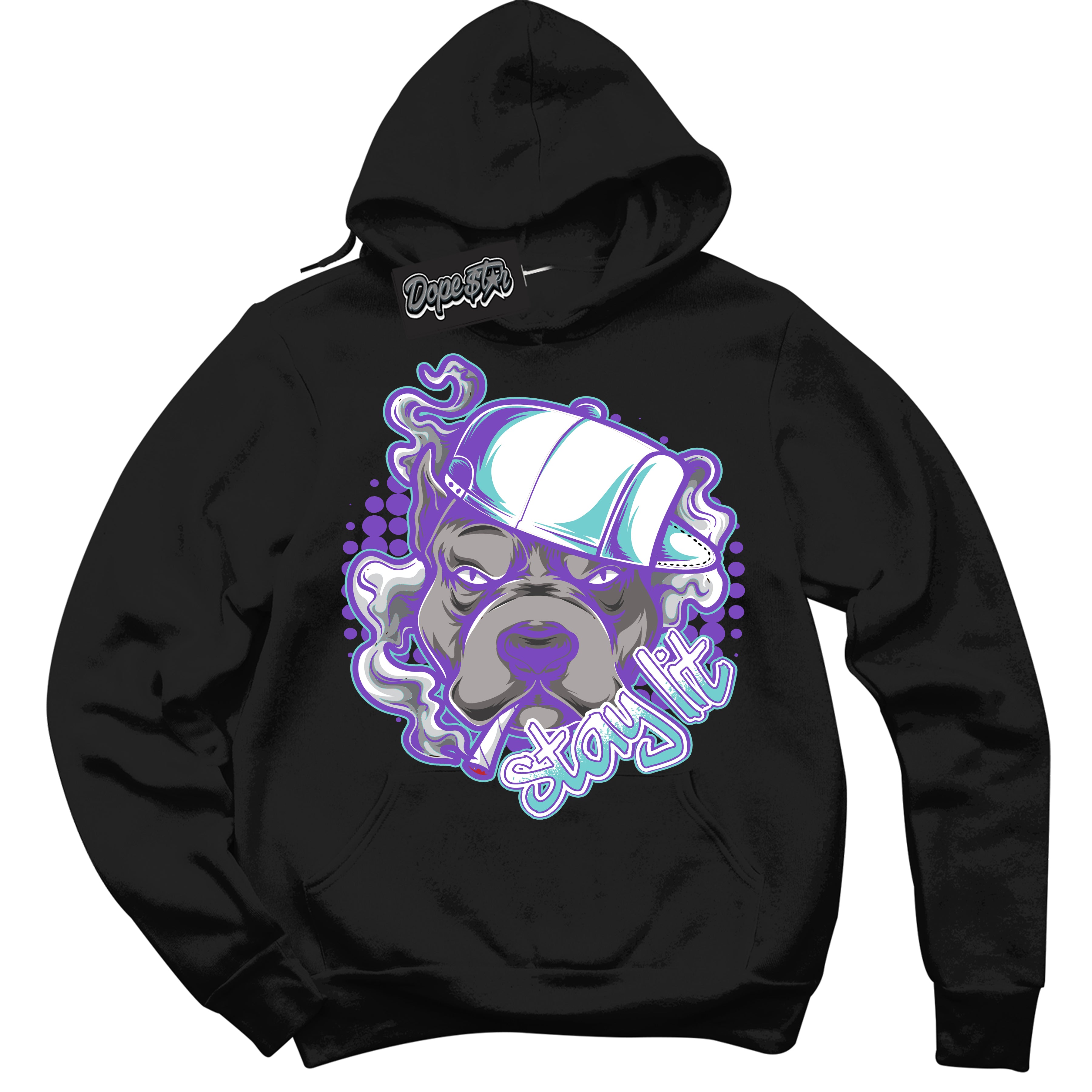 Cool Black Hoodie with “Stay Lit” design that Perfectly Matches Psychic Purple Hyper Jade 1s Jordans.