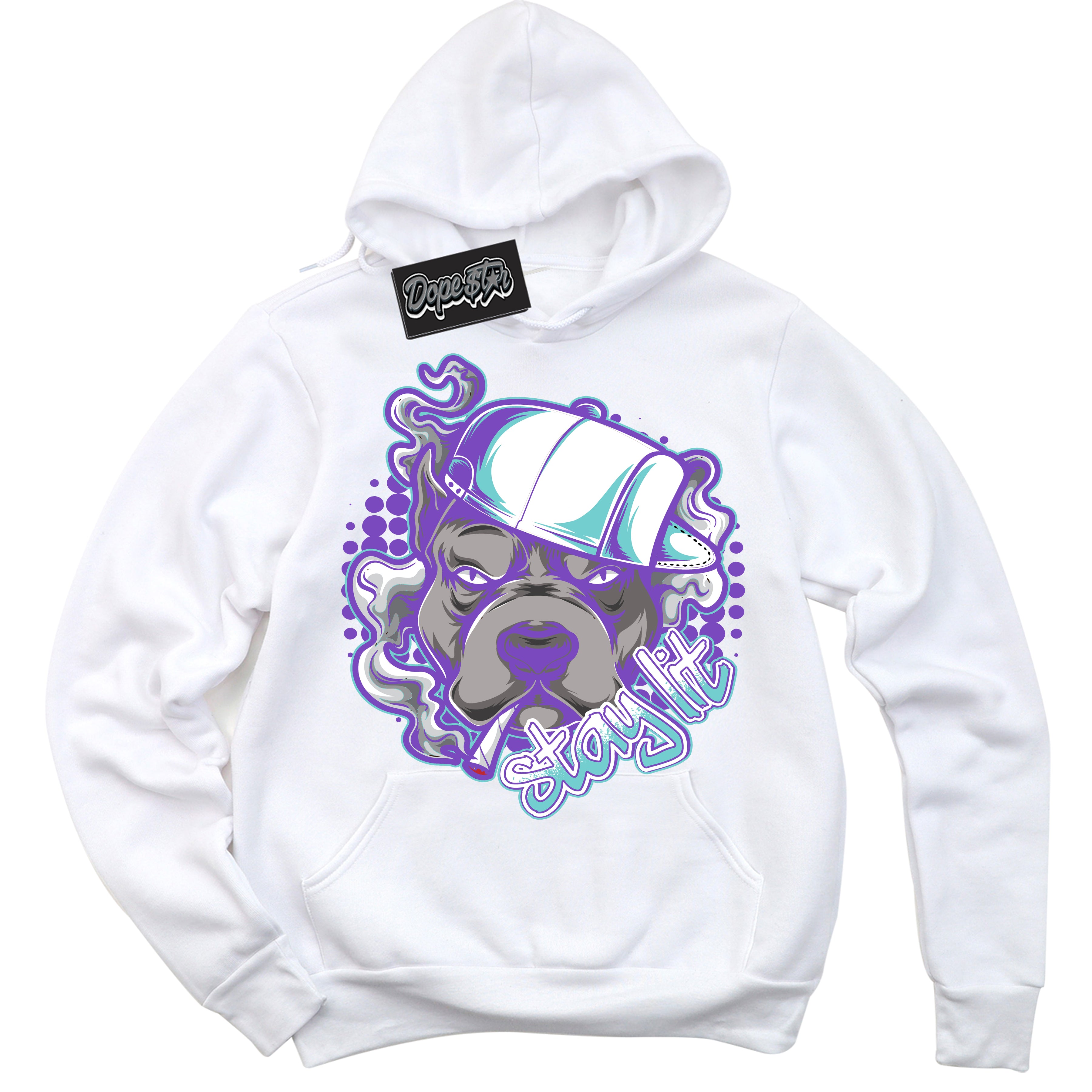 Cool White Hoodie with “Stay Lit” design that Perfectly Matches Psychic Purple Hyper Jade 1s Jordans.