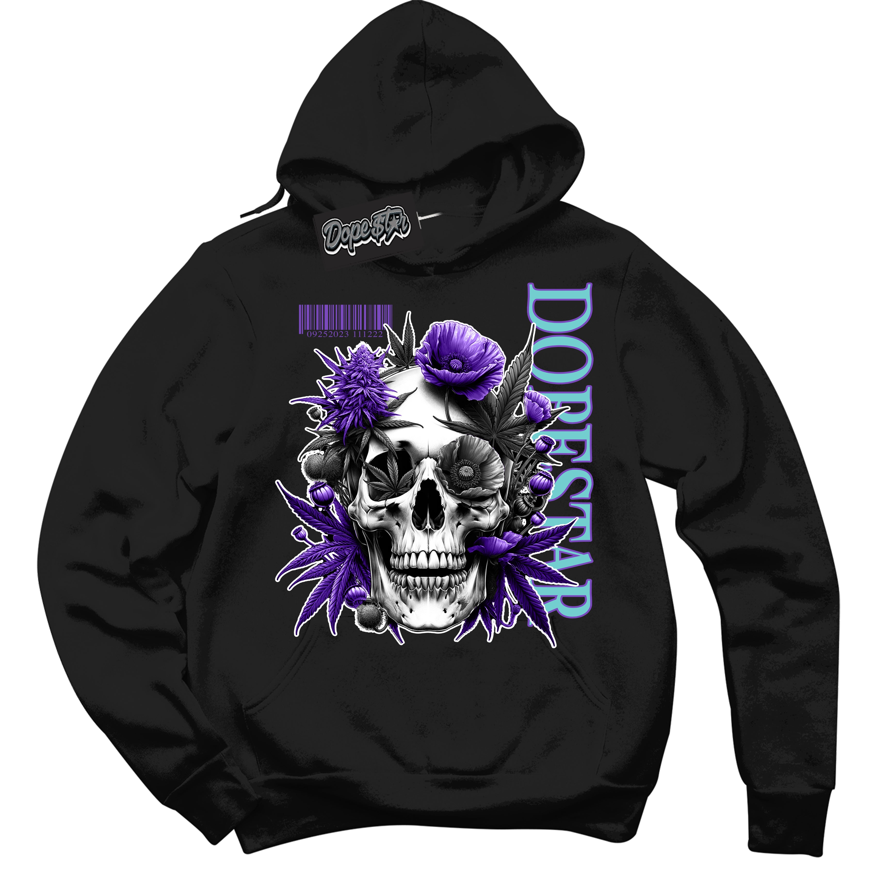 Cool Black Hoodie with “Skull Poppies” design that Perfectly Matches Psychic Purple Hyper Jade 1s Jordans.