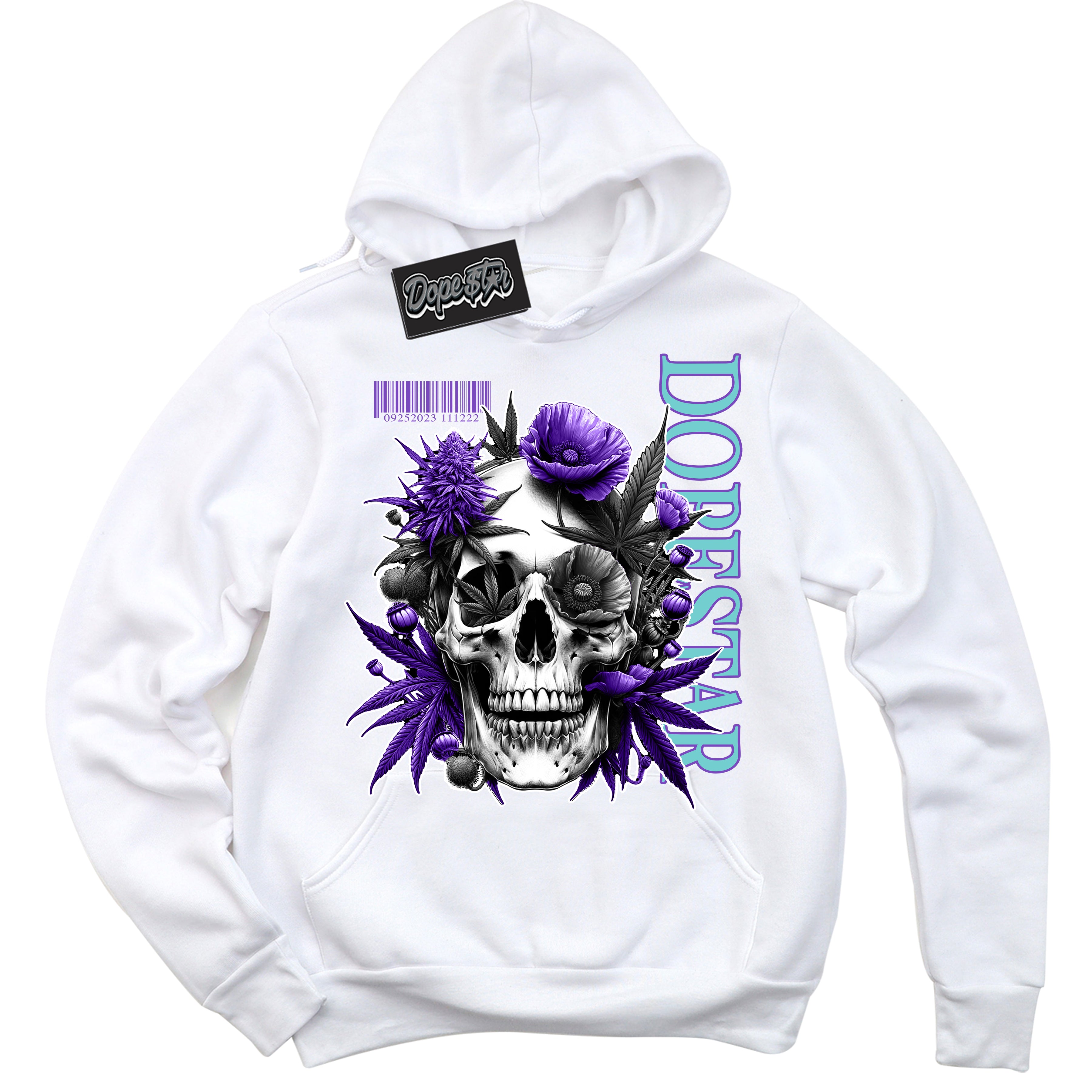 Cool White Hoodie with “Skull Poppies” design that Perfectly Matches Psychic Purple Hyper Jade 1s Jordans.