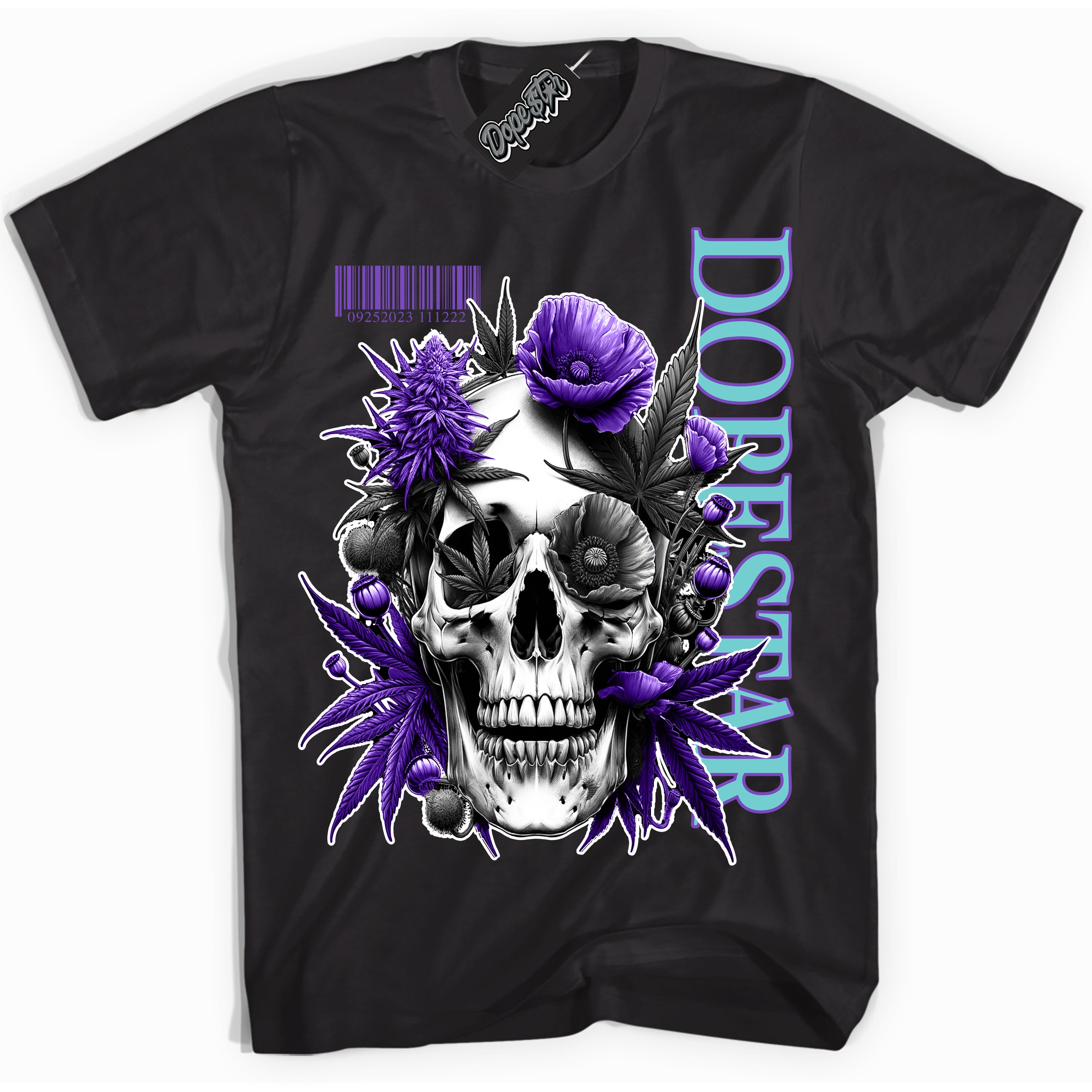 Cool Black Shirt with “Skull Poppies” design that perfectly matches the Psychic Purple Hyper Jade 1s Jordans.