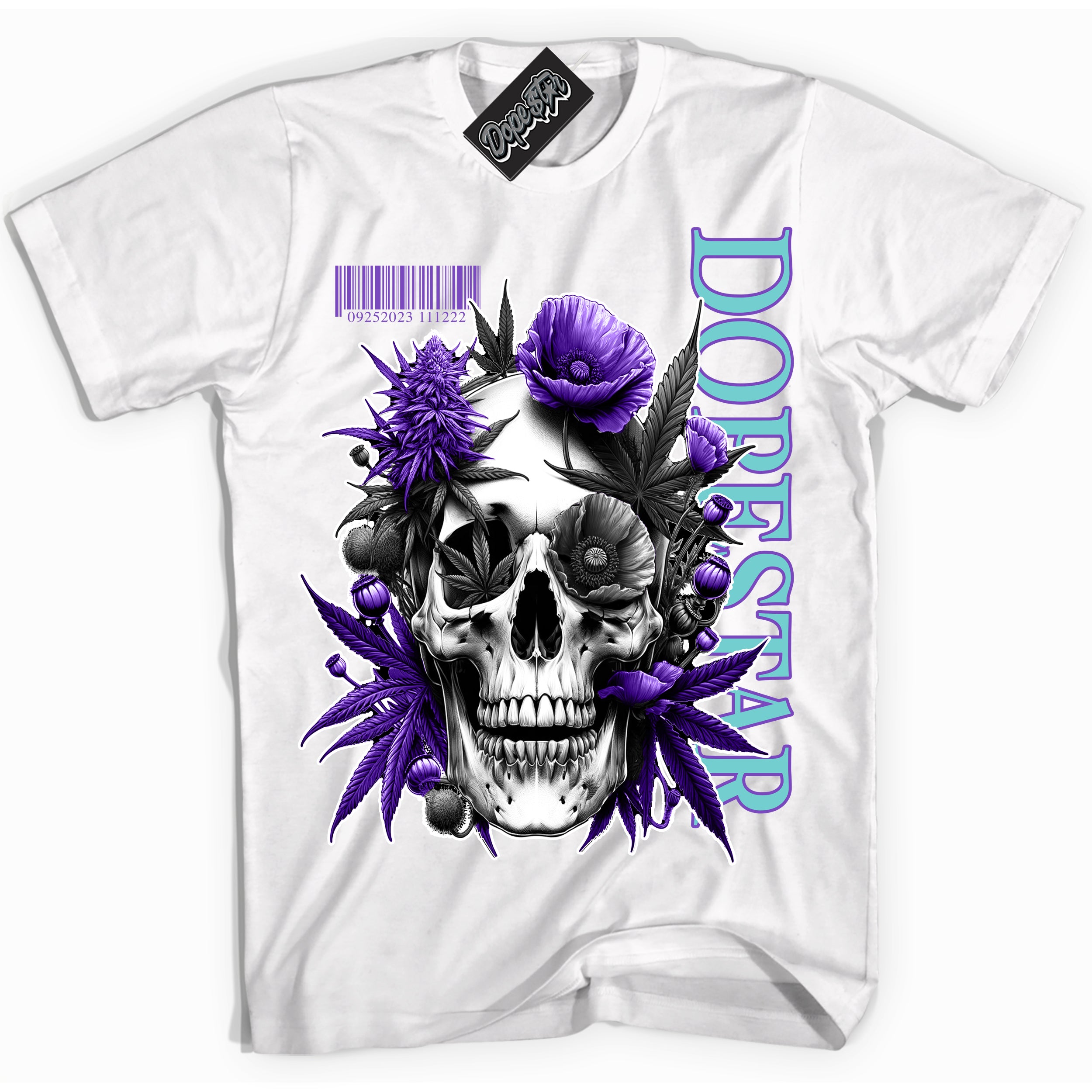 Cool White Shirt with “Skull Poppies” design that perfectly matches the Psychic Purple Hyper Jade 1s Jordans.